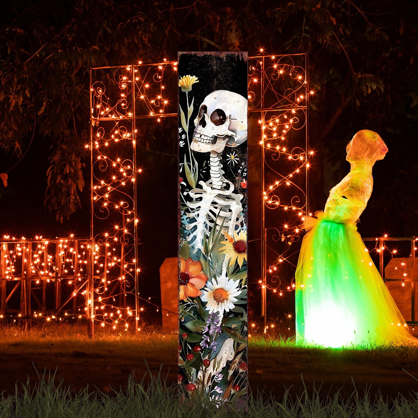 42in Halloween Garden Stake | Watercolor Skeleton | Outdoor Patio & Lawn Decoration - | Wildflower Halloween Decor|Wooden Decor