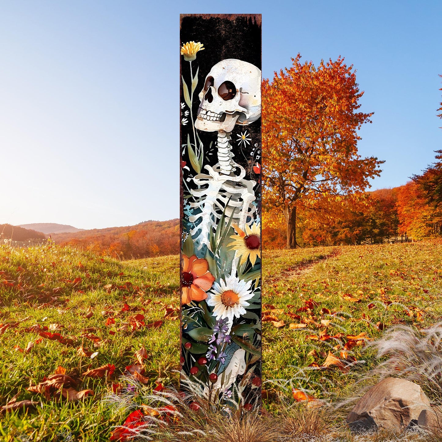 42in Halloween Garden Stake | Watercolor Skeleton | Outdoor Patio & Lawn Decoration - | Wildflower Halloween Decor|Wooden Decor