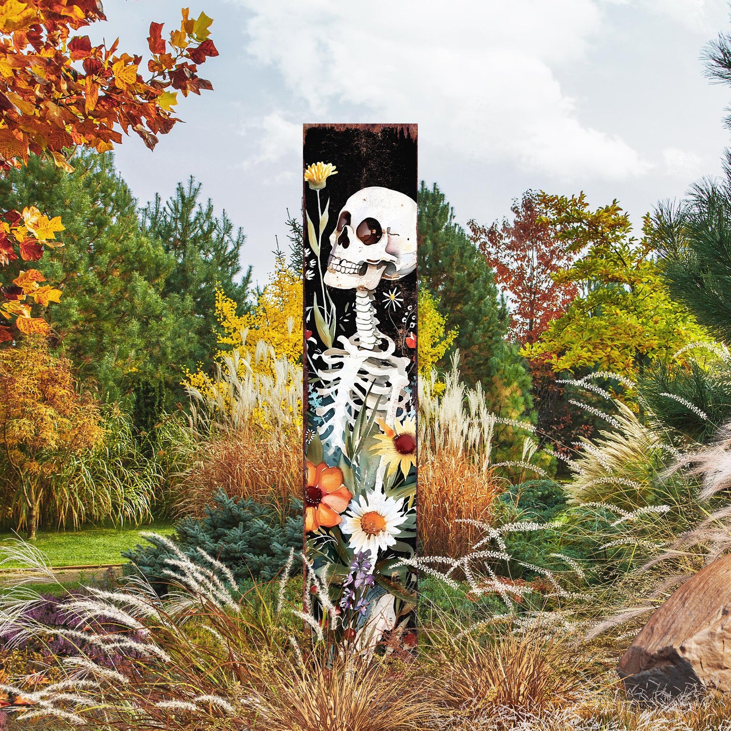 42in Halloween Garden Stake | Watercolor Skeleton | Outdoor Patio & Lawn Decoration - | Wildflower Halloween Decor|Wooden Decor