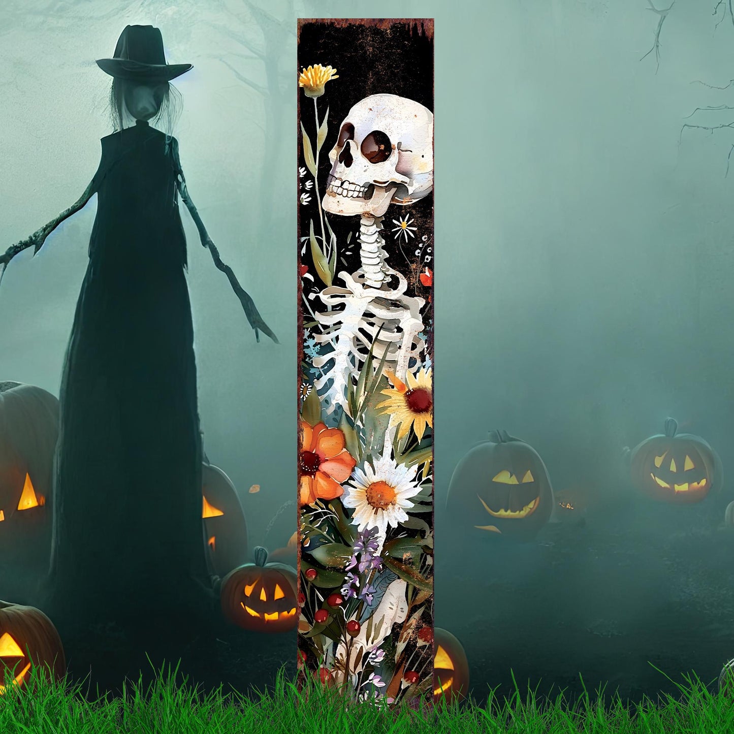 42in Halloween Garden Stake | Watercolor Skeleton | Outdoor Patio & Lawn Decoration - | Wildflower Halloween Decor|Wooden Decor