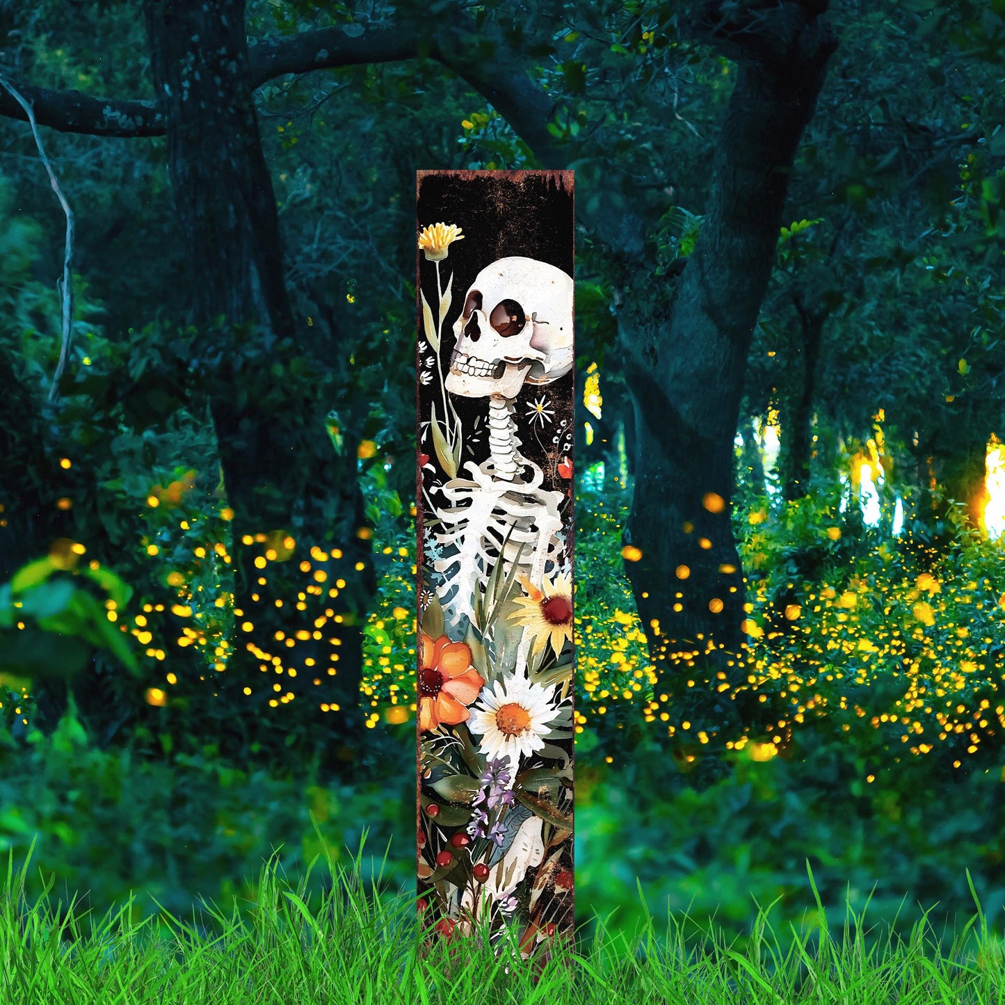 42in Halloween Garden Stake | Watercolor Skeleton | Outdoor Patio & Lawn Decoration - | Wildflower Halloween Decor|Wooden Decor
