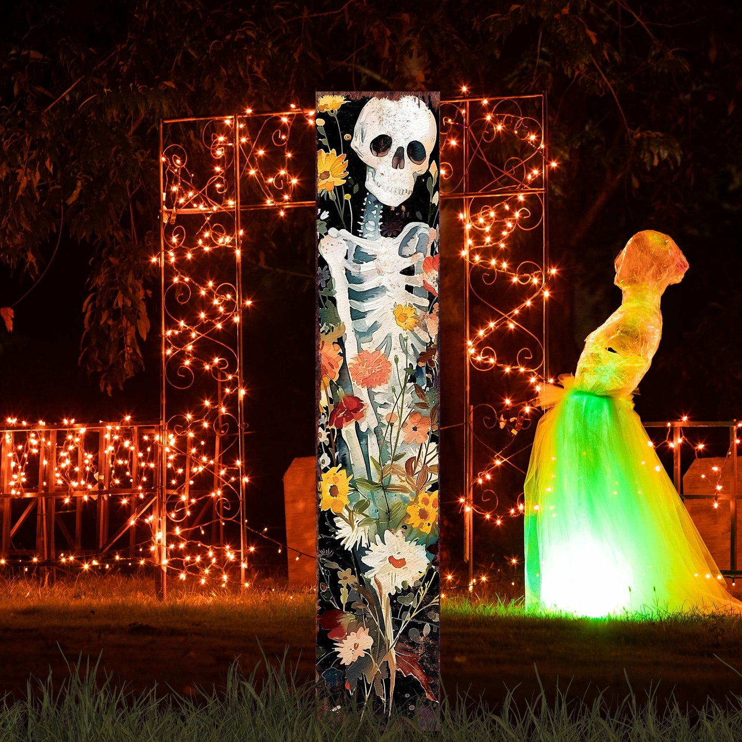 42in Halloween Garden Stake, Watercolor Skeleton, Wooden Outdoor Patio and Lawn Decoration, Wildflower Halloween Decor