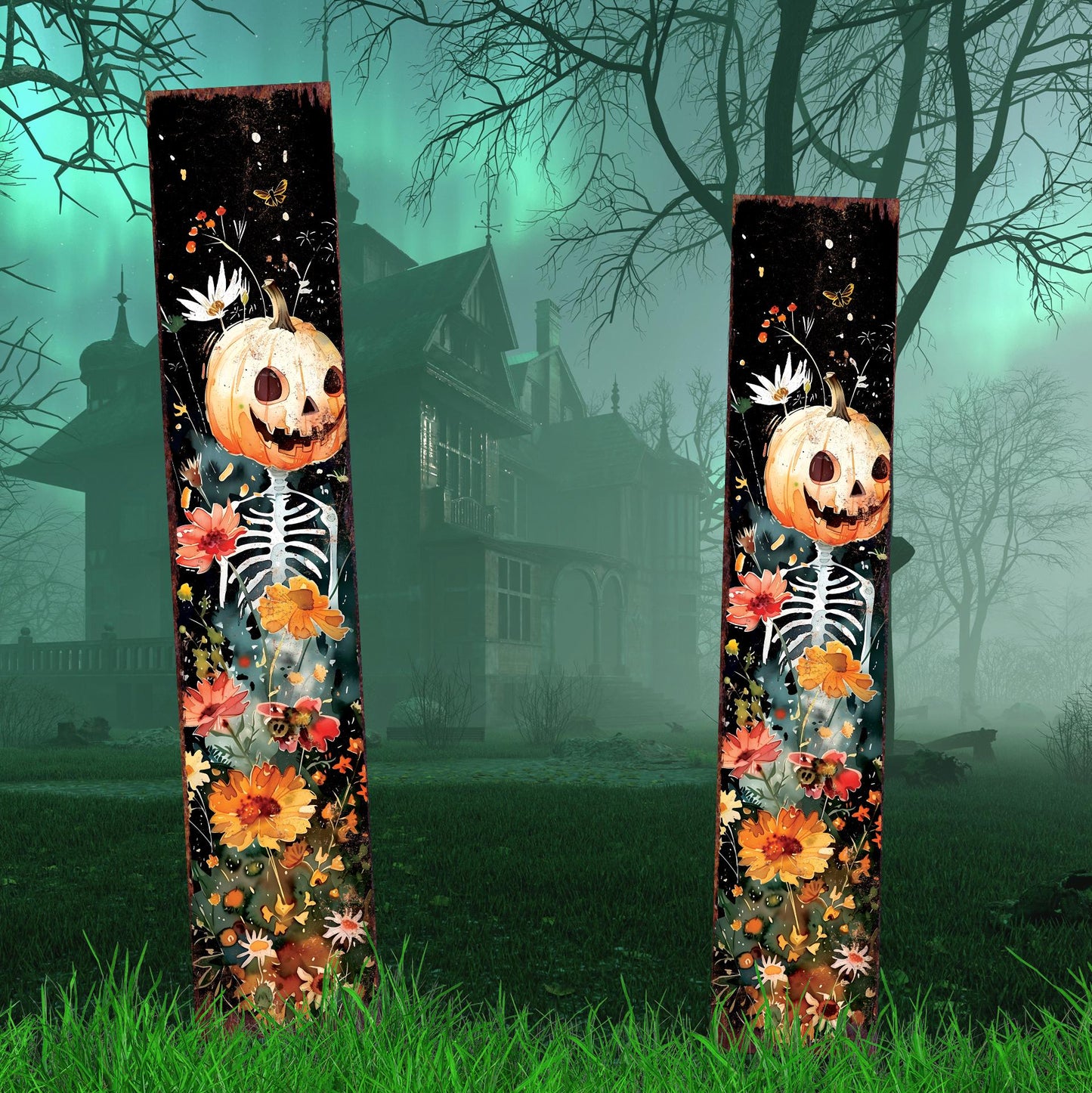 42in Halloween Wooden Garden Stake, Watercolor Jack O Lantern | Outdoor Patio and Lawn Decoration | Halloween Wildflower Decor