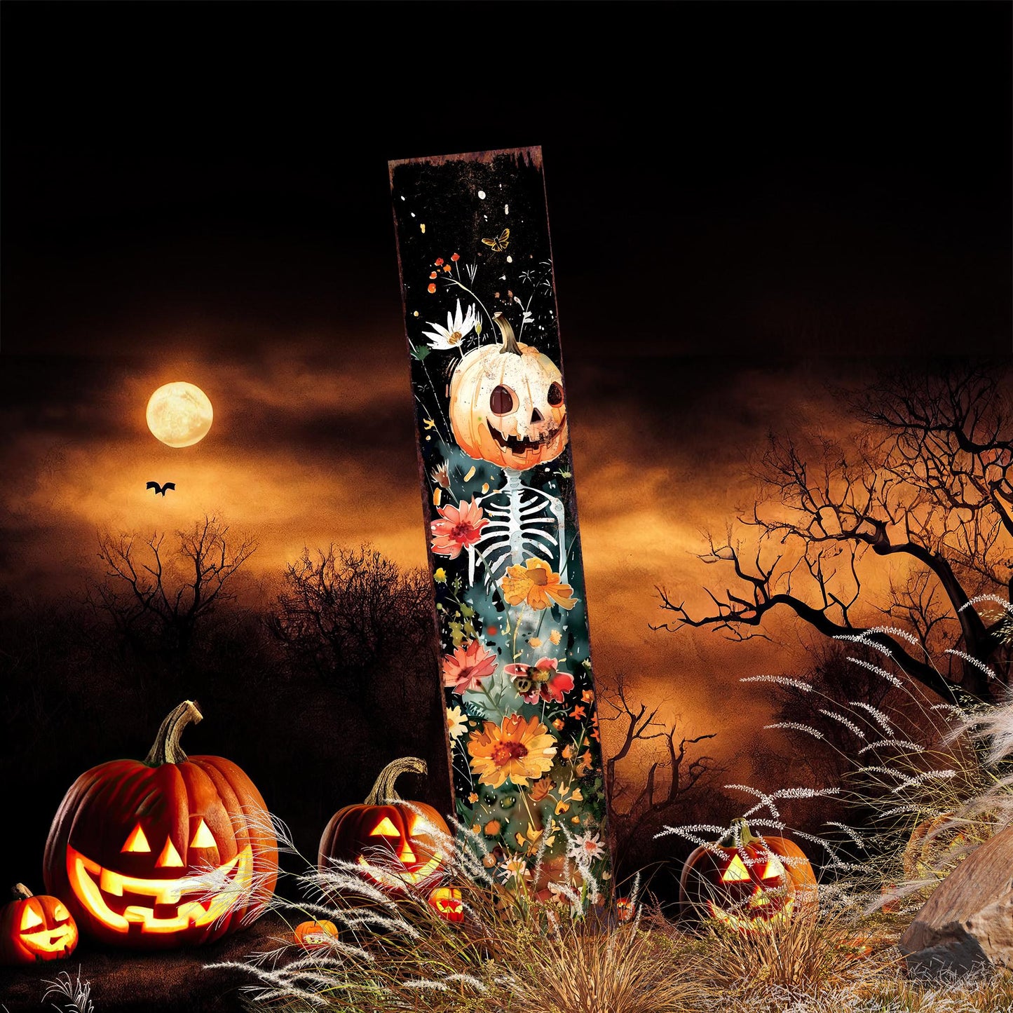 42in Halloween Wooden Garden Stake, Watercolor Jack O Lantern | Outdoor Patio and Lawn Decoration | Halloween Wildflower Decor