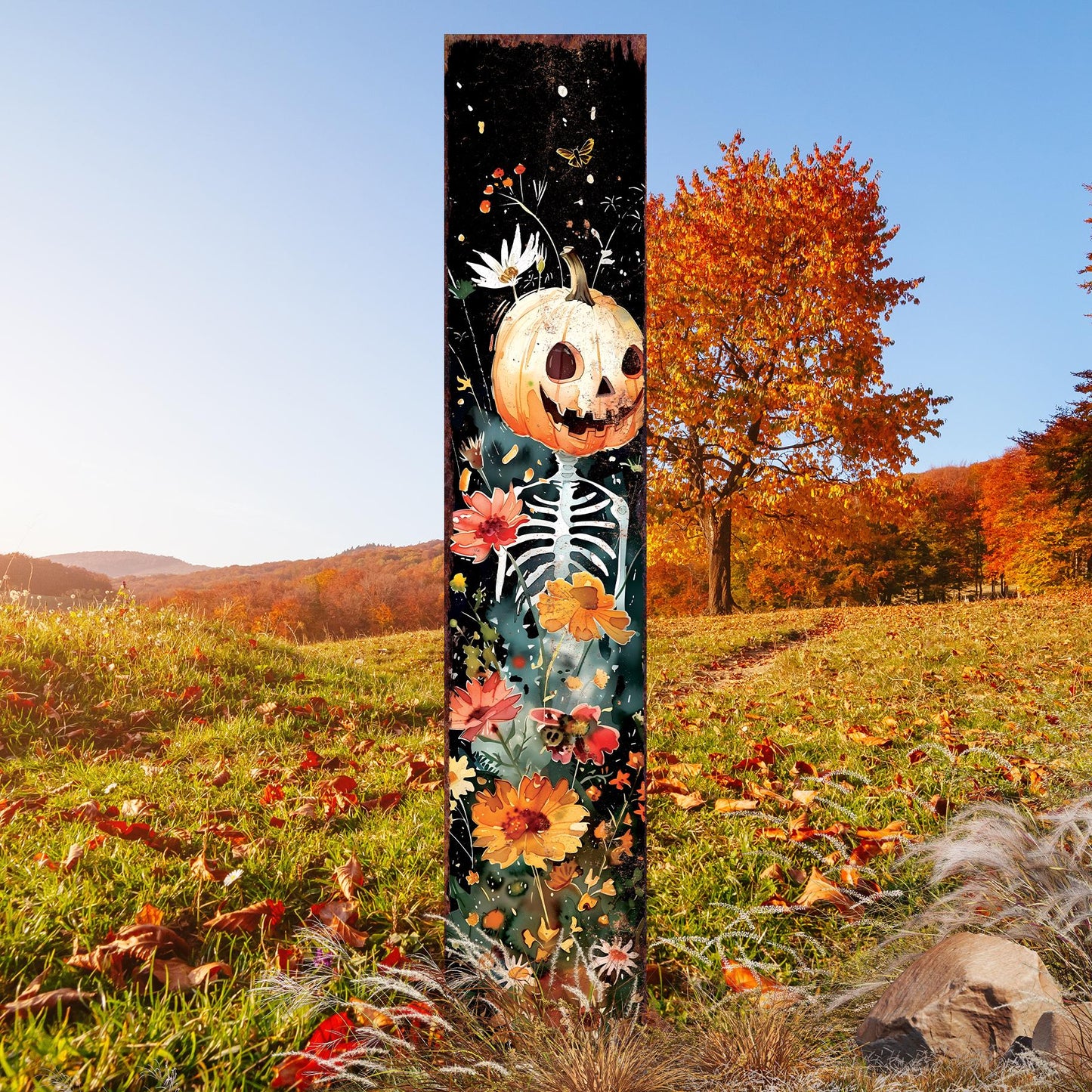 42in Halloween Wooden Garden Stake, Watercolor Jack O Lantern | Outdoor Patio and Lawn Decoration | Halloween Wildflower Decor