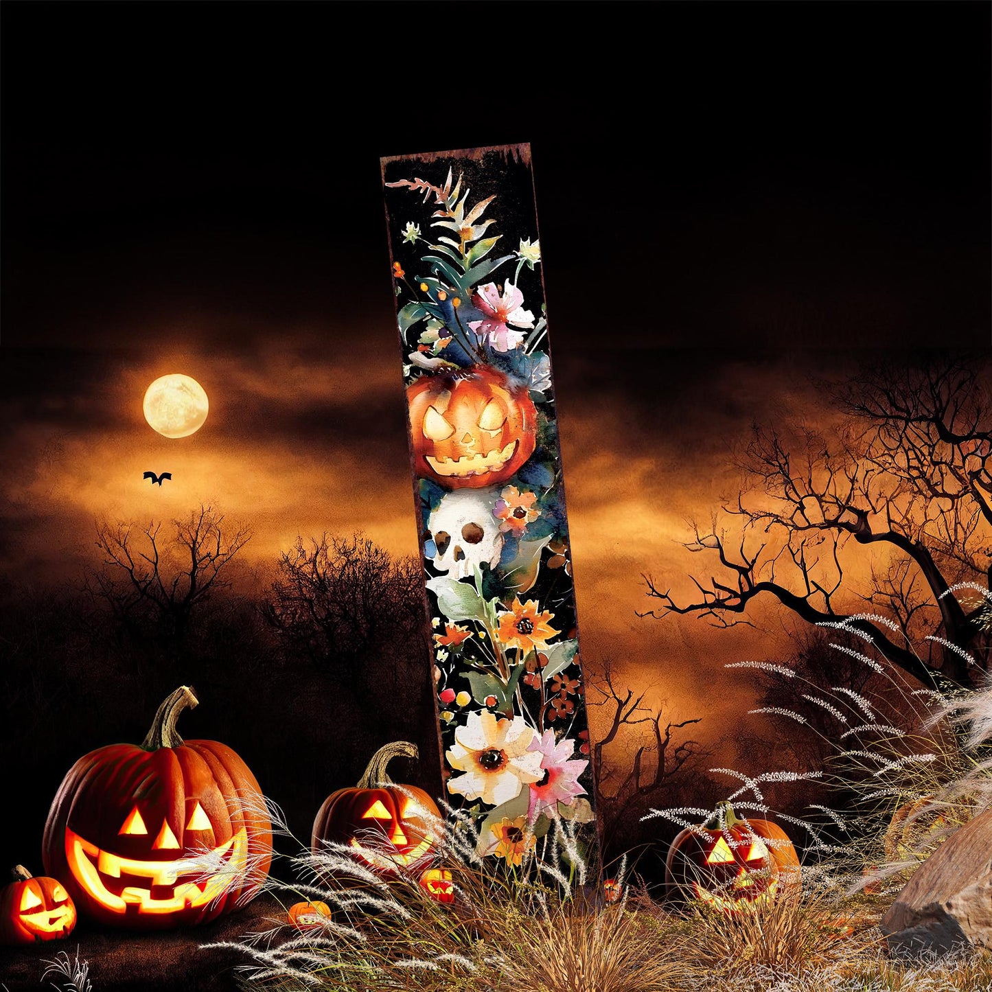 42in Halloween Garden Stake | Wooden Watercolor Jack O Lantern | Outdoor Patio and Lawn Decoration | Halloween Wildflower Decor