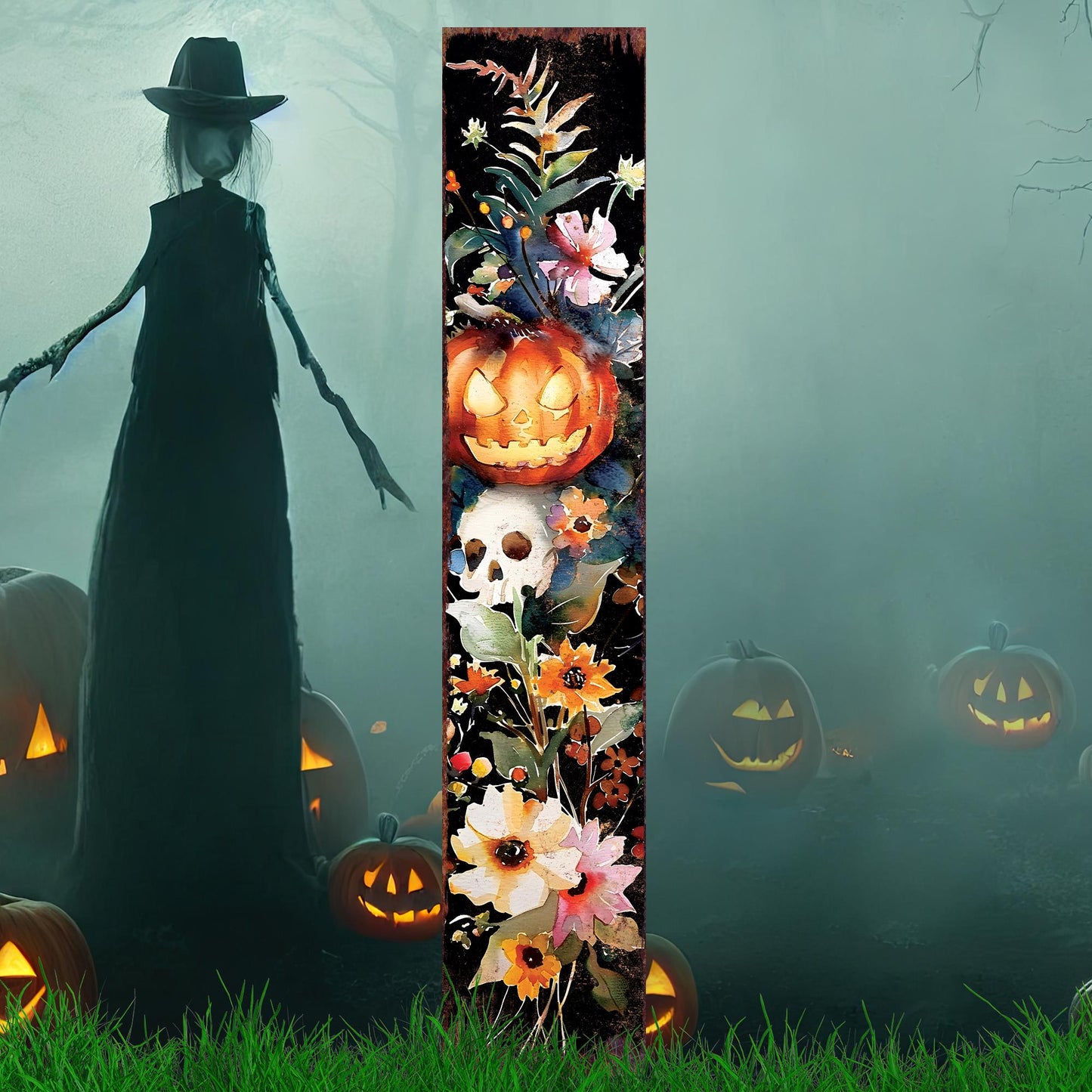 42in Halloween Garden Stake | Wooden Watercolor Jack O Lantern | Outdoor Patio and Lawn Decoration | Halloween Wildflower Decor