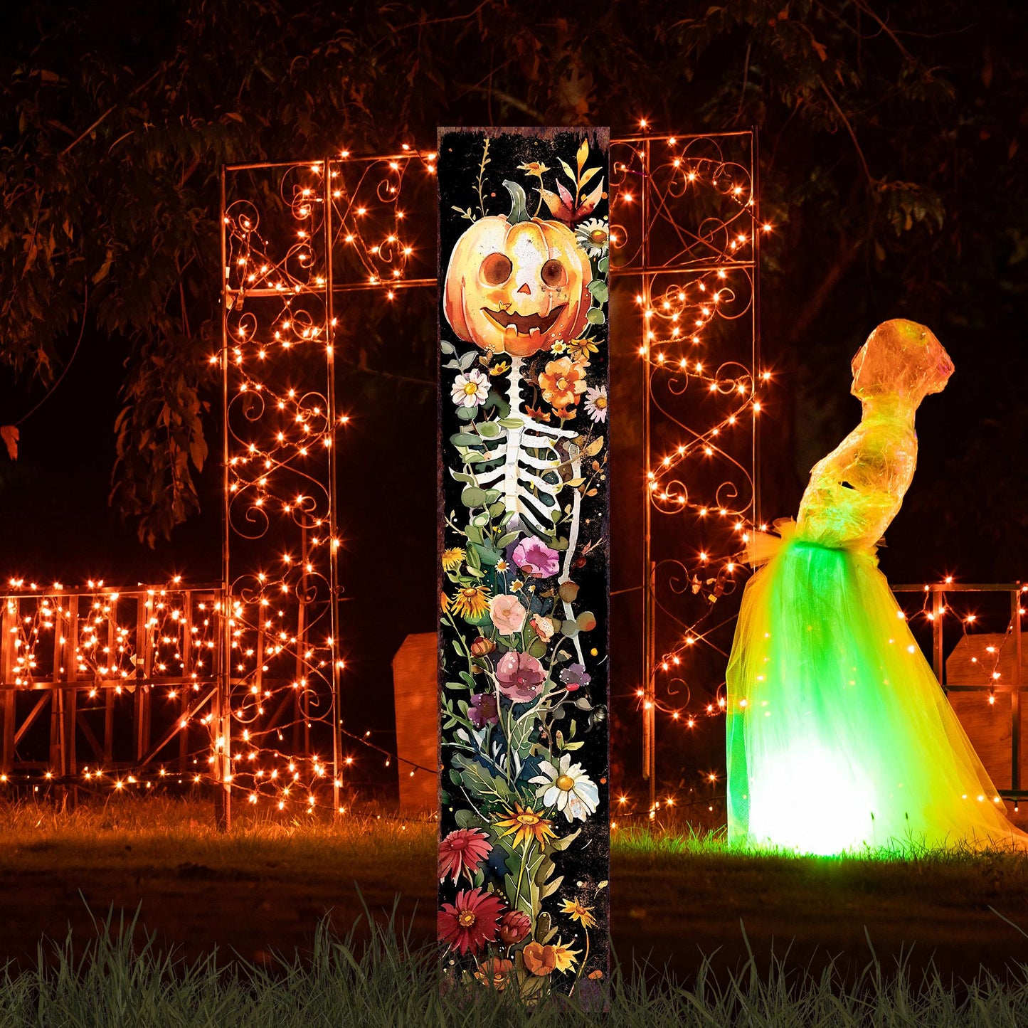 42in Halloween Garden Stake | Watercolor Jack O Lantern | Outdoor Patio and Lawn Decoration | Halloween Wildflower Wooden Decor