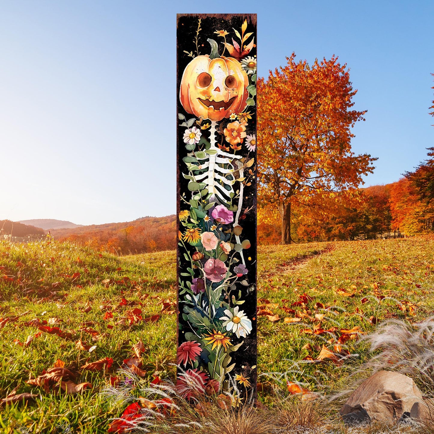 42in Halloween Garden Stake | Watercolor Jack O Lantern | Outdoor Patio and Lawn Decoration | Halloween Wildflower Wooden Decor