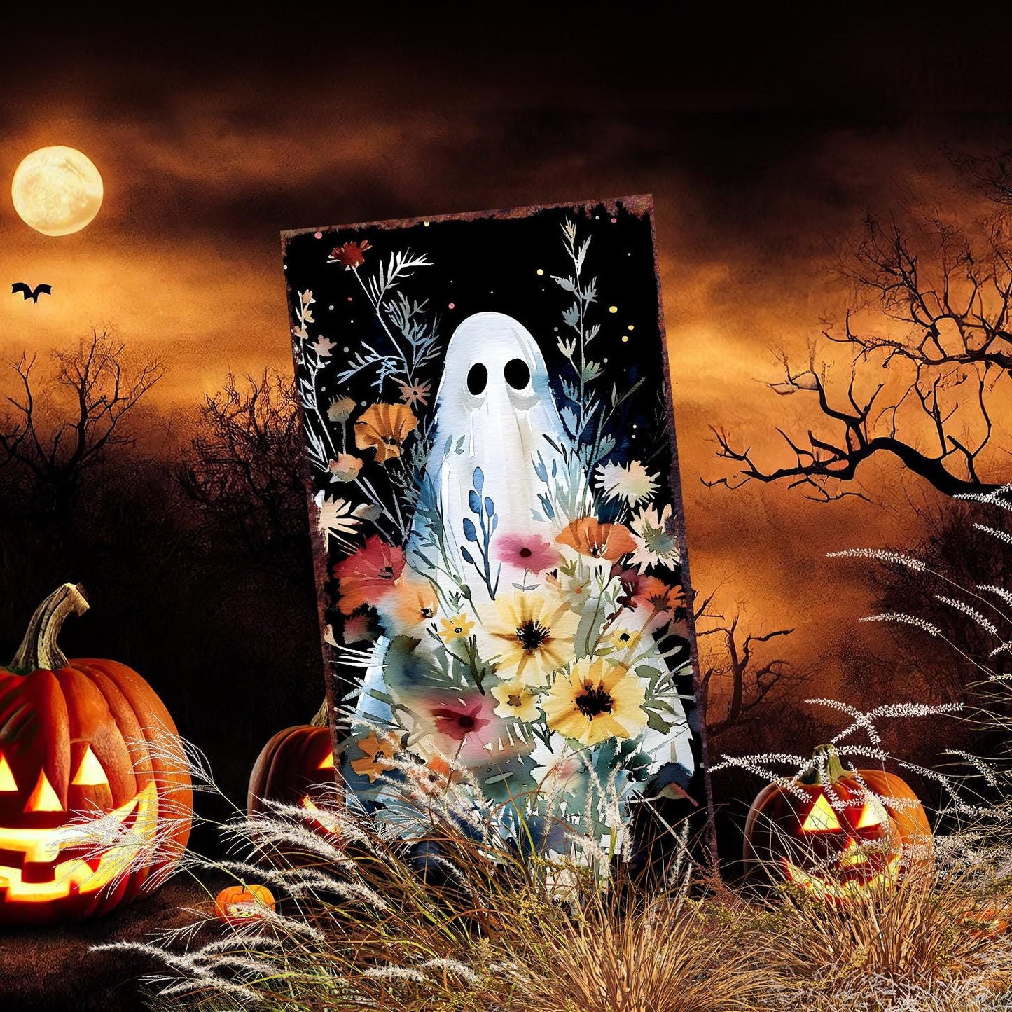 30in Halloween Ghost Garden Stake | Halloween Decor | Wooden Halloween Sign | Halloween Yard Decor | Halloween Watercolor Style Decor