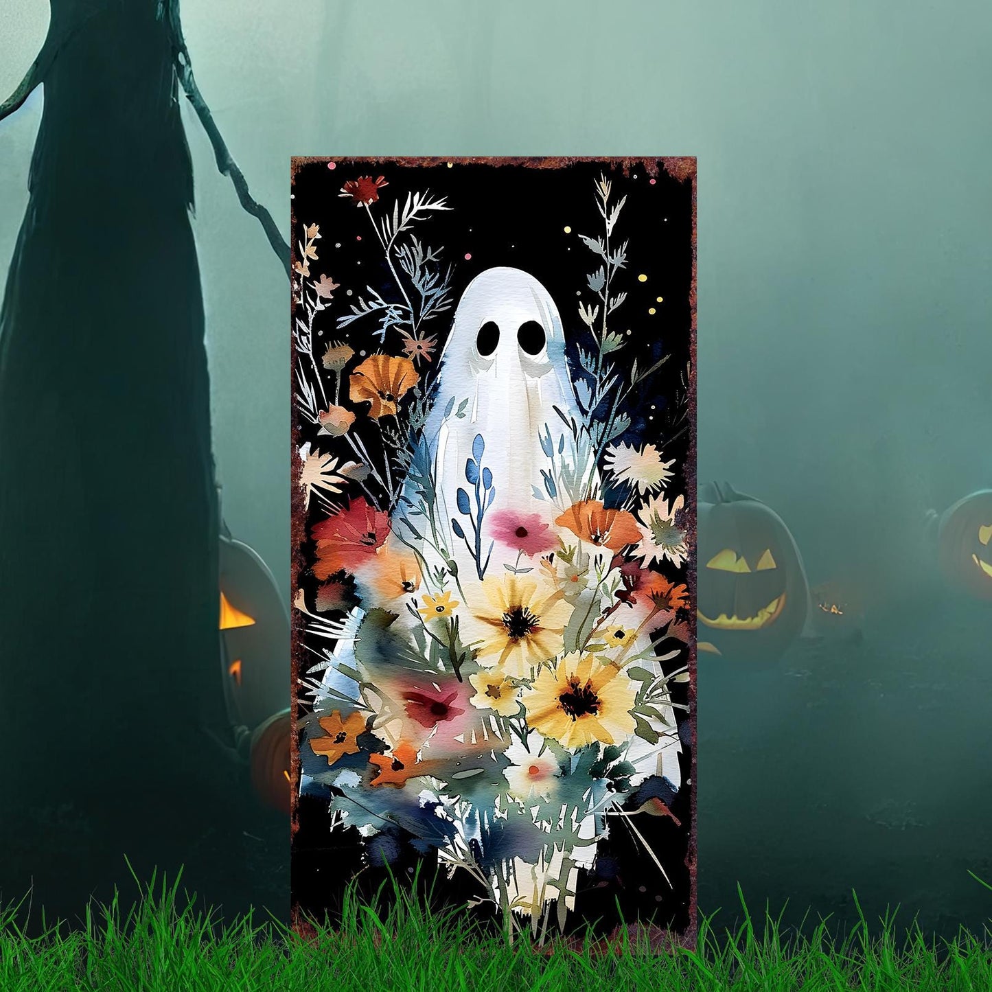 30in Halloween Ghost Garden Stake | Halloween Decor | Wooden Halloween Sign | Halloween Yard Decor | Halloween Watercolor Style Decor