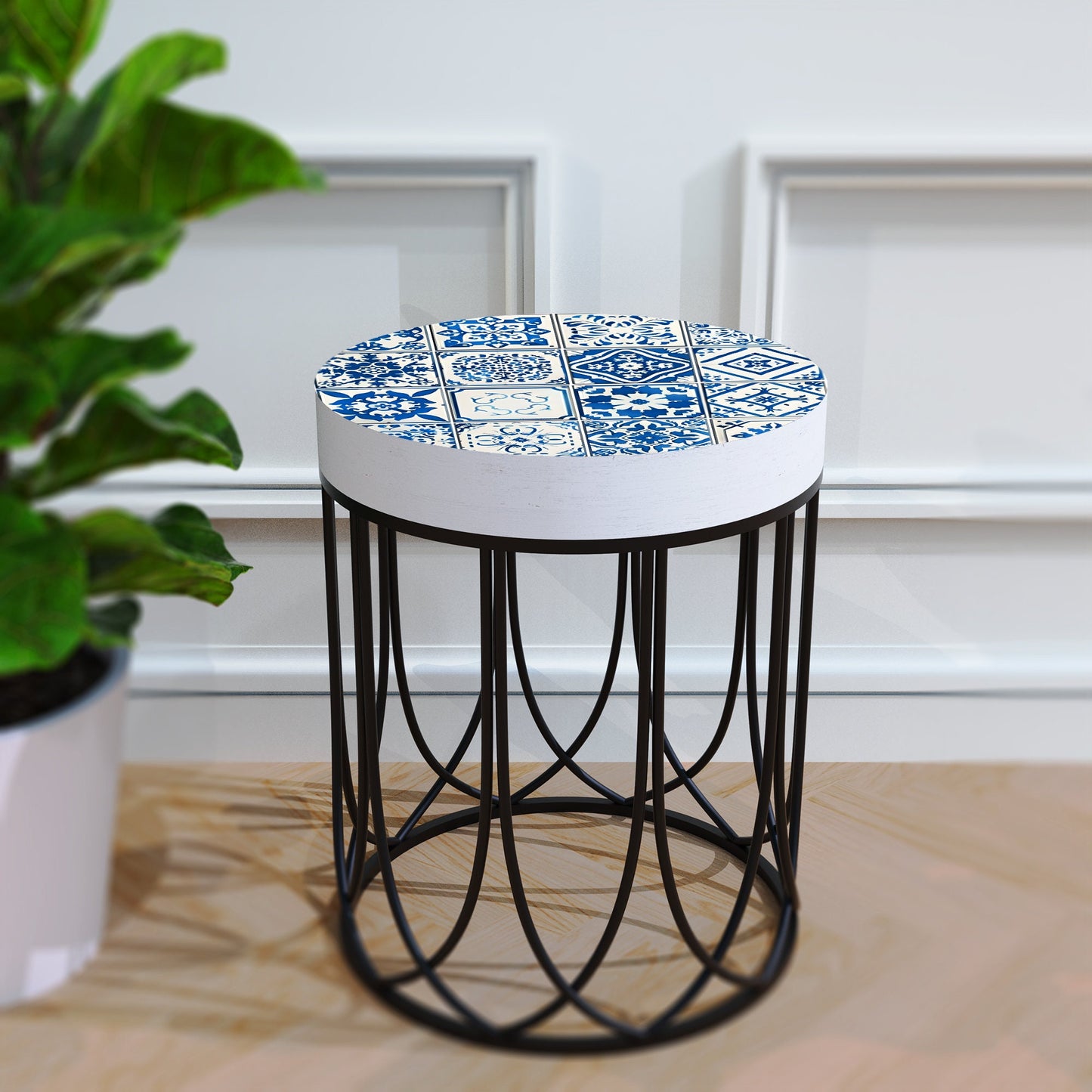 Moroccan Blue Tiles Accent Table - Farmhouse Style Round End Table - Outdoor Side Table 14in Dia 17in High - Wood and Metal Construction