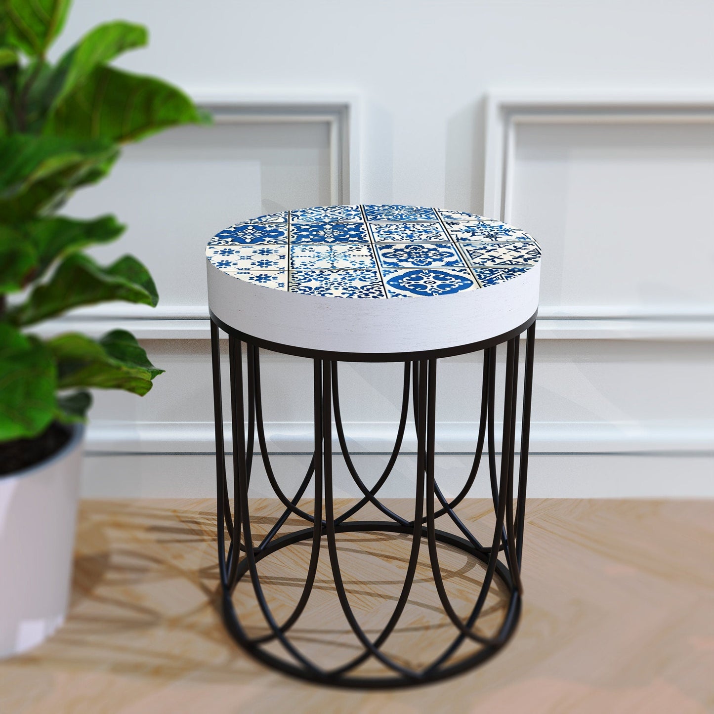 Moroccan Blue Tiles Accent Table | Farmhouse Style Round End Table Side Table 14in Dia 17in High - Wood and Metal Construction