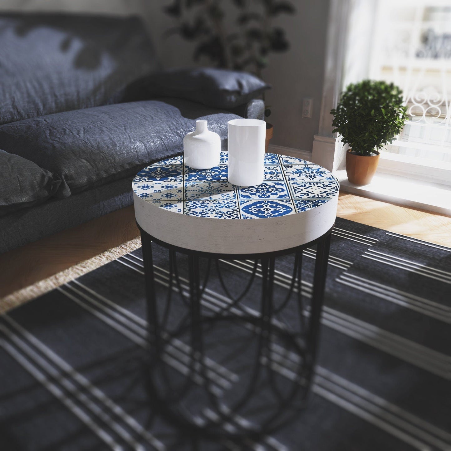 Moroccan Blue Tiles Accent Table | Farmhouse Style Round End Table Side Table 14in Dia 17in High - Wood and Metal Construction