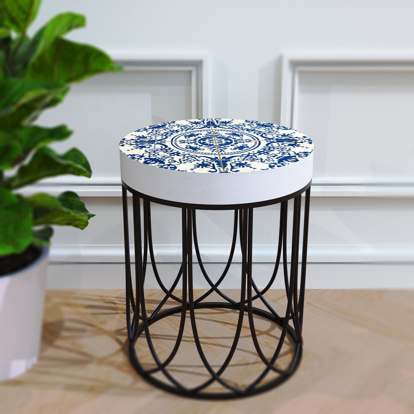 Moroccan Blue Tiles Accent Table | Farmhouse Style Round End Table | Outdoor Side Table 14in Dia 17in High - Wood and Metal Construction