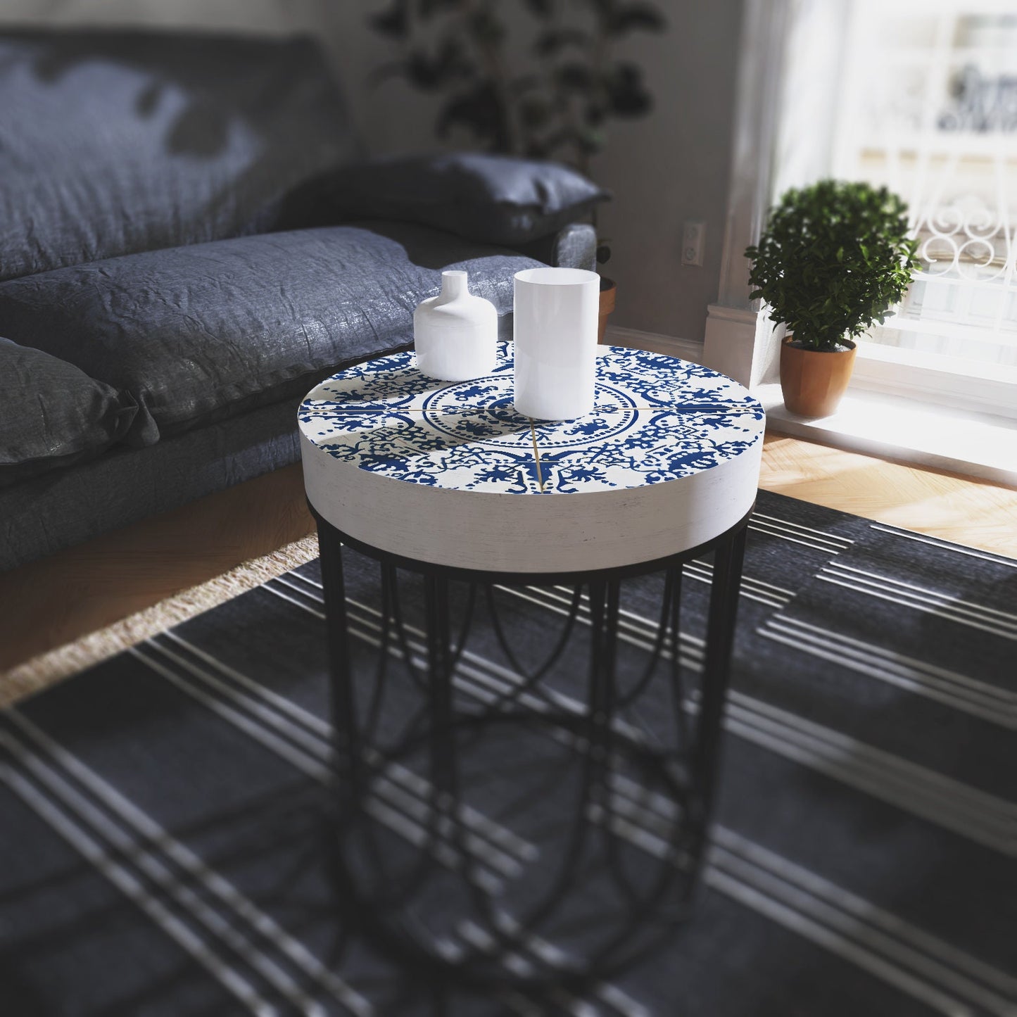 Moroccan Blue Tiles Accent Table | Farmhouse Style Round End Table | Outdoor Side Table 14in Dia 17in High - Wood and Metal Construction