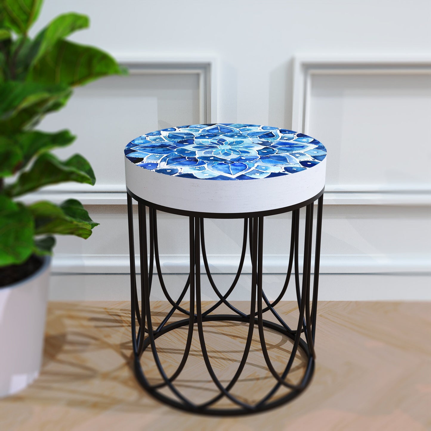 Moroccan Blue Tiles Accent Table | Farmhouse Style Round End Table | Outdoor Side Table 14in Dia 17in High Wood and Metal Construction