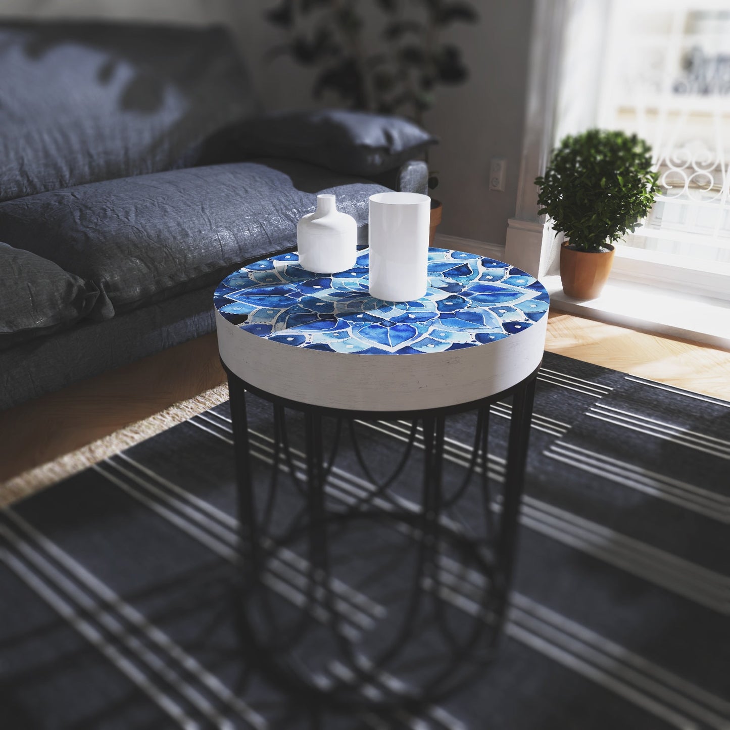 Moroccan Blue Tiles Accent Table | Farmhouse Style Round End Table | Outdoor Side Table 14in Dia 17in High Wood and Metal Construction