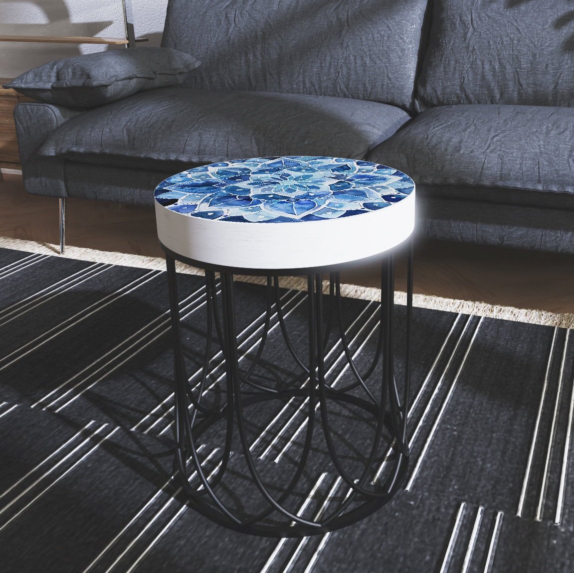 Moroccan Blue Tiles Accent Table | Farmhouse Style Round End Table | Outdoor Side Table 14in Dia 17in High Wood and Metal Construction
