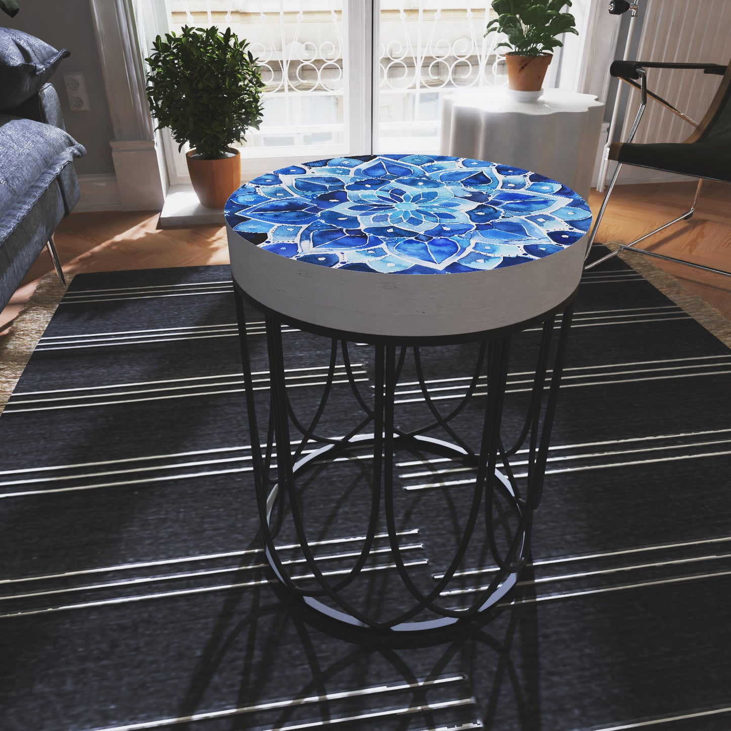 Moroccan Blue Tiles Accent Table | Farmhouse Style Round End Table | Outdoor Side Table 14in Dia 17in High Wood and Metal Construction