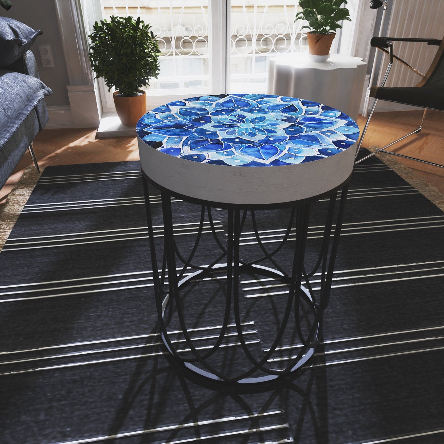Moroccan Blue Tiles Accent Table | Farmhouse Style Round End Table | Side Table 14in Dia 17in High Wood and Metal Construction