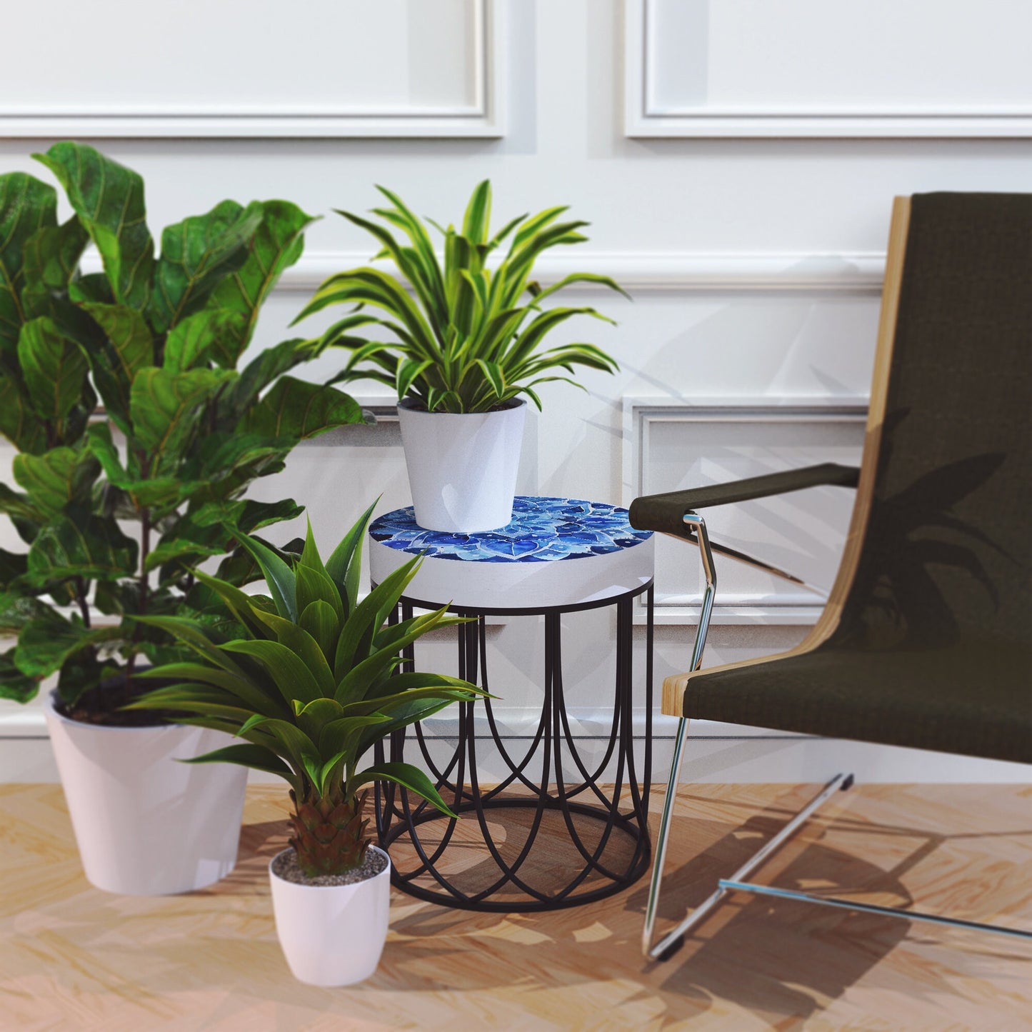 Moroccan Blue Tiles Accent Table | Farmhouse Style Round End Table | Outdoor Side Table 14in Dia 17in High Wood and Metal Construction