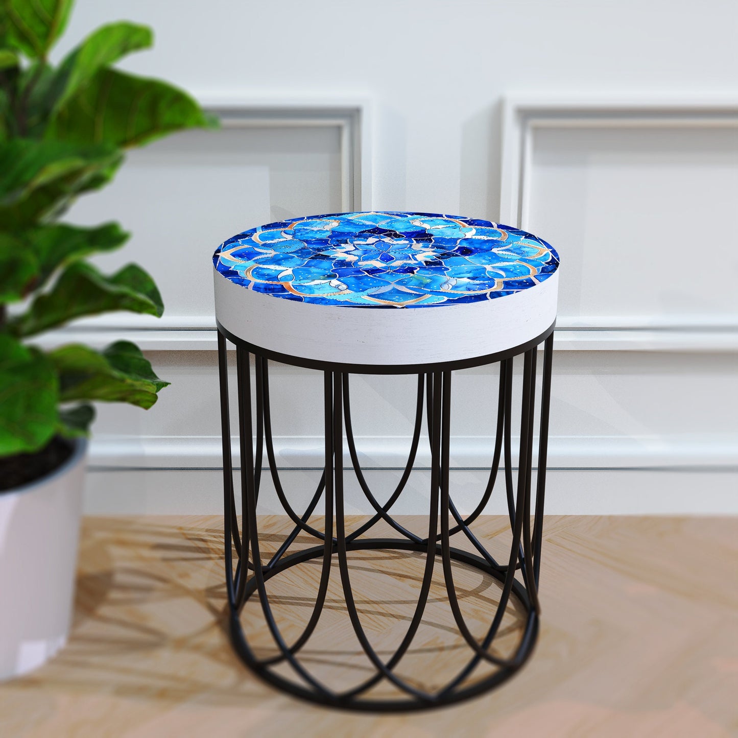 Moroccan Blue Tiles Accent Table _ Farmhouse Style Round End Table Outdoor Side Table 14in Dia 17in High Wood and Metal Construction