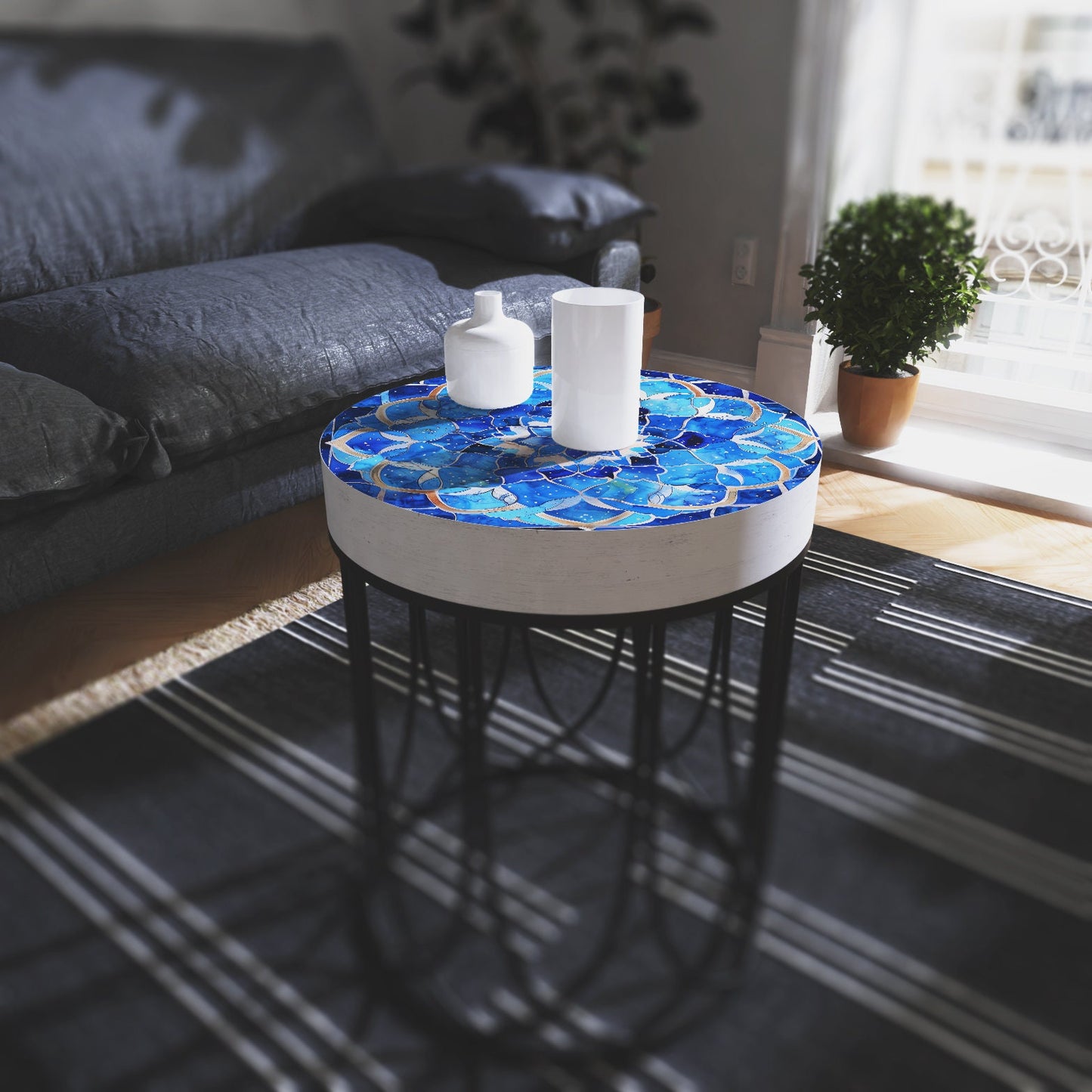 Moroccan Blue Tiles Accent Table _ Farmhouse Style Round End Table Outdoor Side Table 14in Dia 17in High Wood and Metal Construction