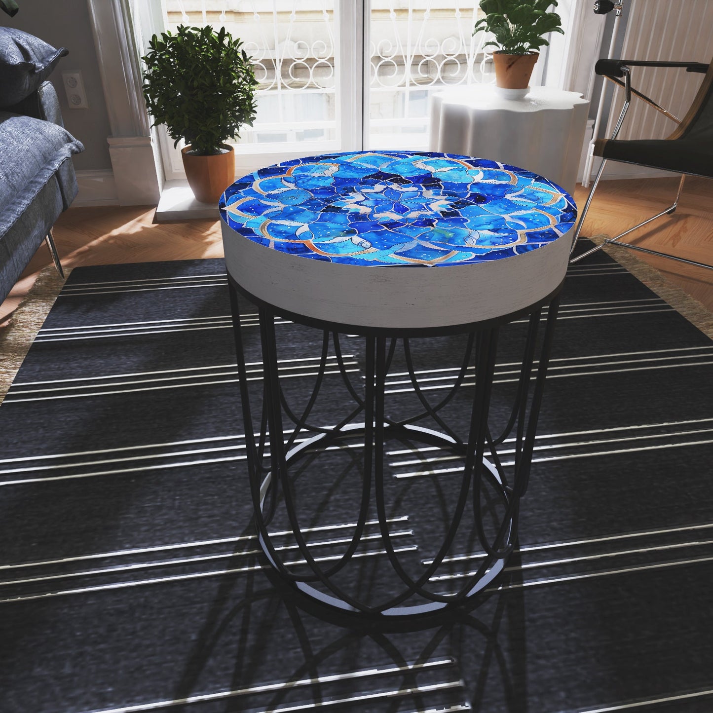Moroccan Blue Tiles Accent Table _ Farmhouse Style Round End Table Outdoor Side Table 14in Dia 17in High Wood and Metal Construction