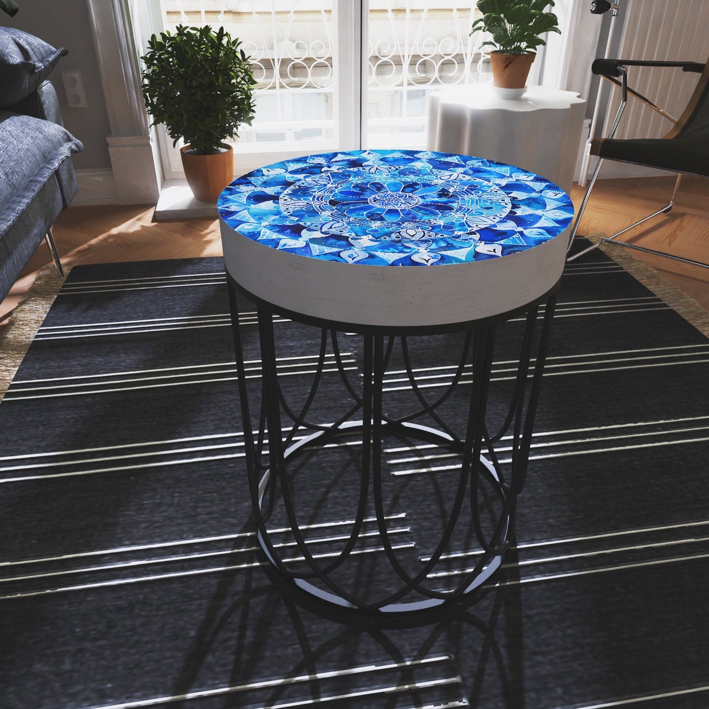 Moroccan Blue Tiles Accent Table _ Farmhouse Style _ Round End Table _ Outdoor Side Table 14in Dia 17in High Wood and Metal Construction