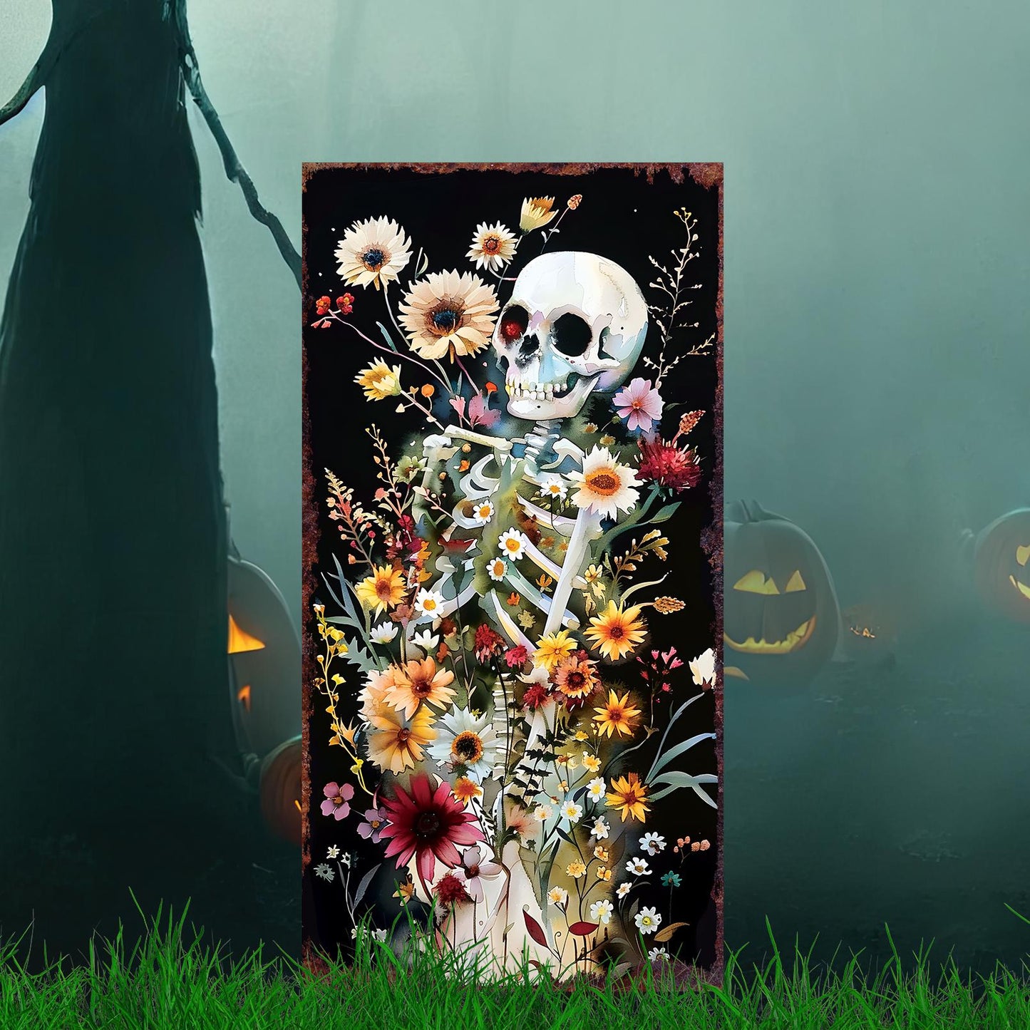 30inch Halloween Skeleton Wooden Garden Stake | Halloween Decor | Halloween Sign | Halloween Yard Decor | Halloween Watercolor Style Decor
