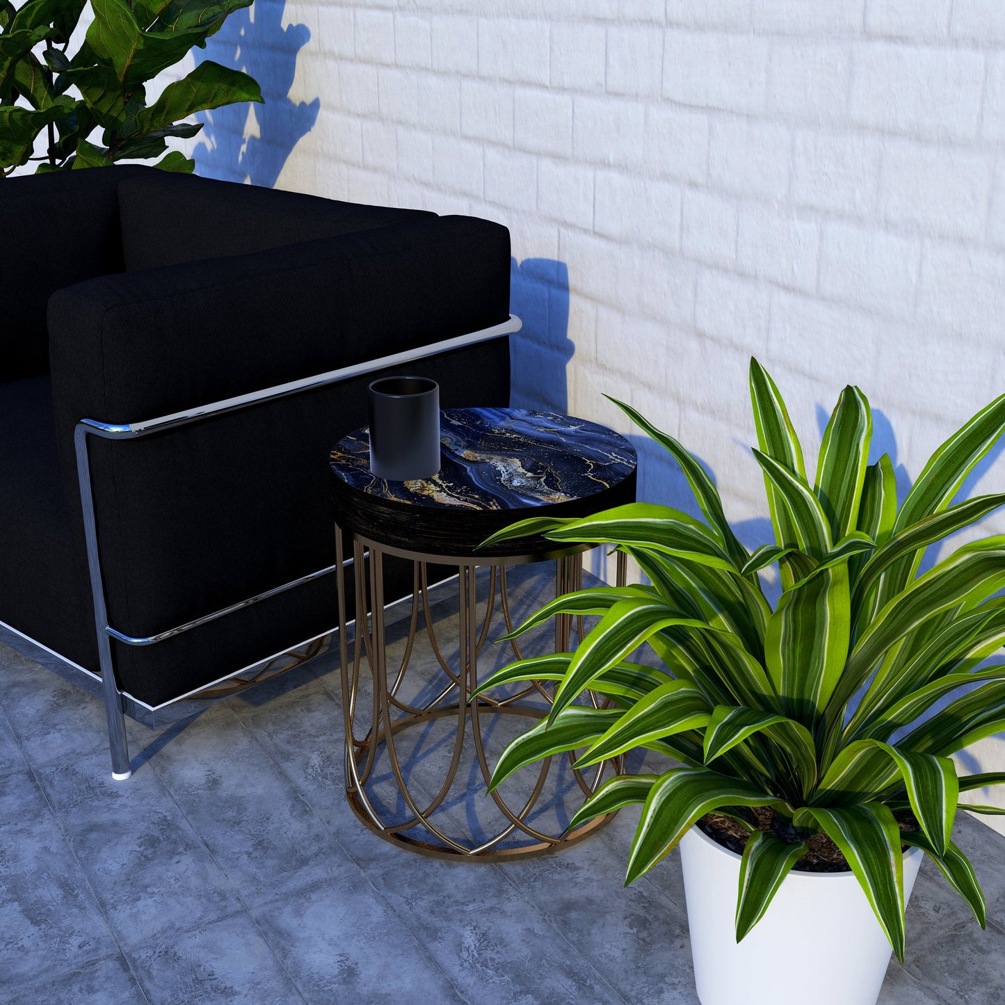 Black & Gold Marble Pattern Accent Table | 14_ Diameter, 17_ High, Round End Table, UV Print Side Table, Wood and Metal Construction