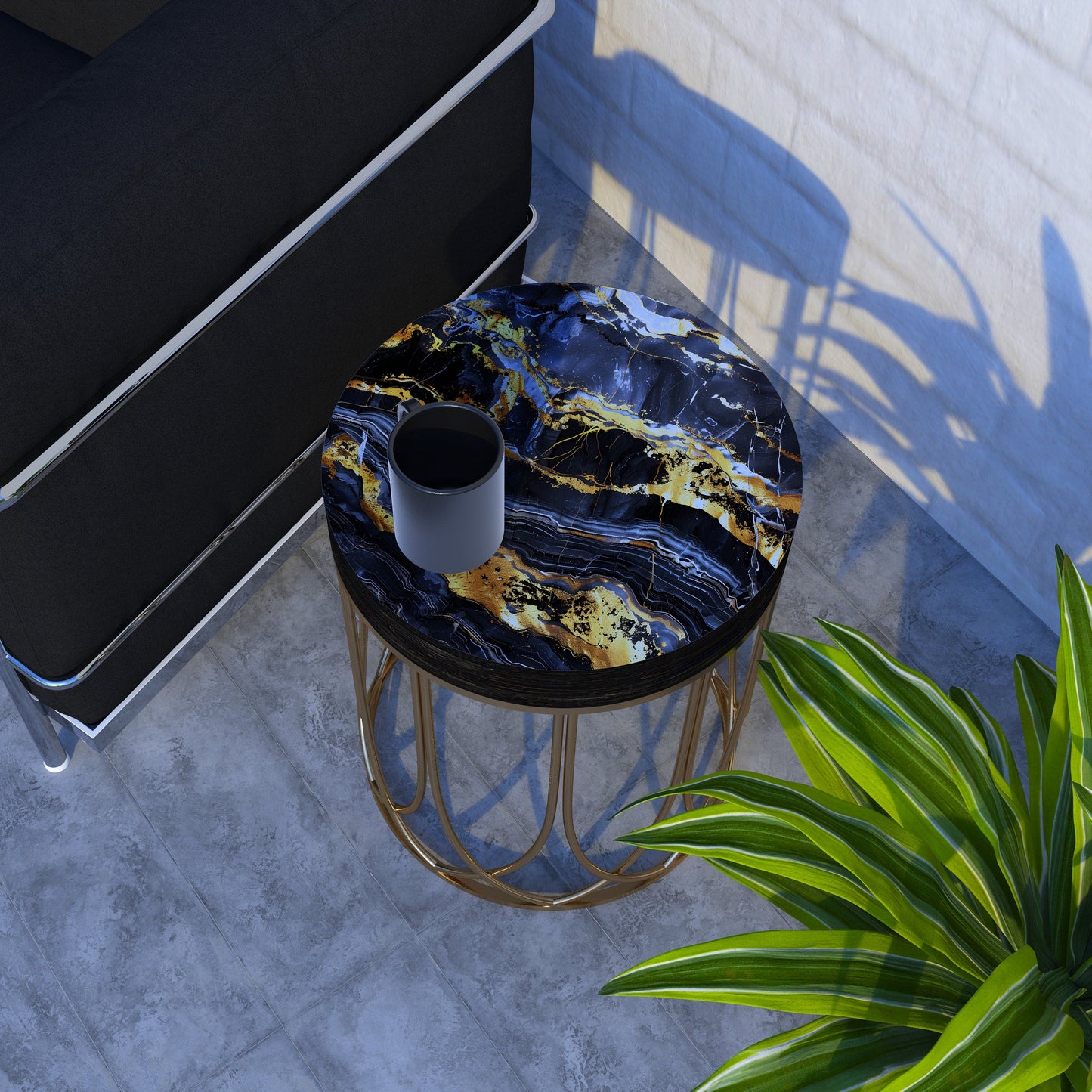 Black & Gold Marble Pattern Accent Table | 14_ Diameter, 17_ High| Round End Table, UV Print Side Table, Wood and Metal Construction