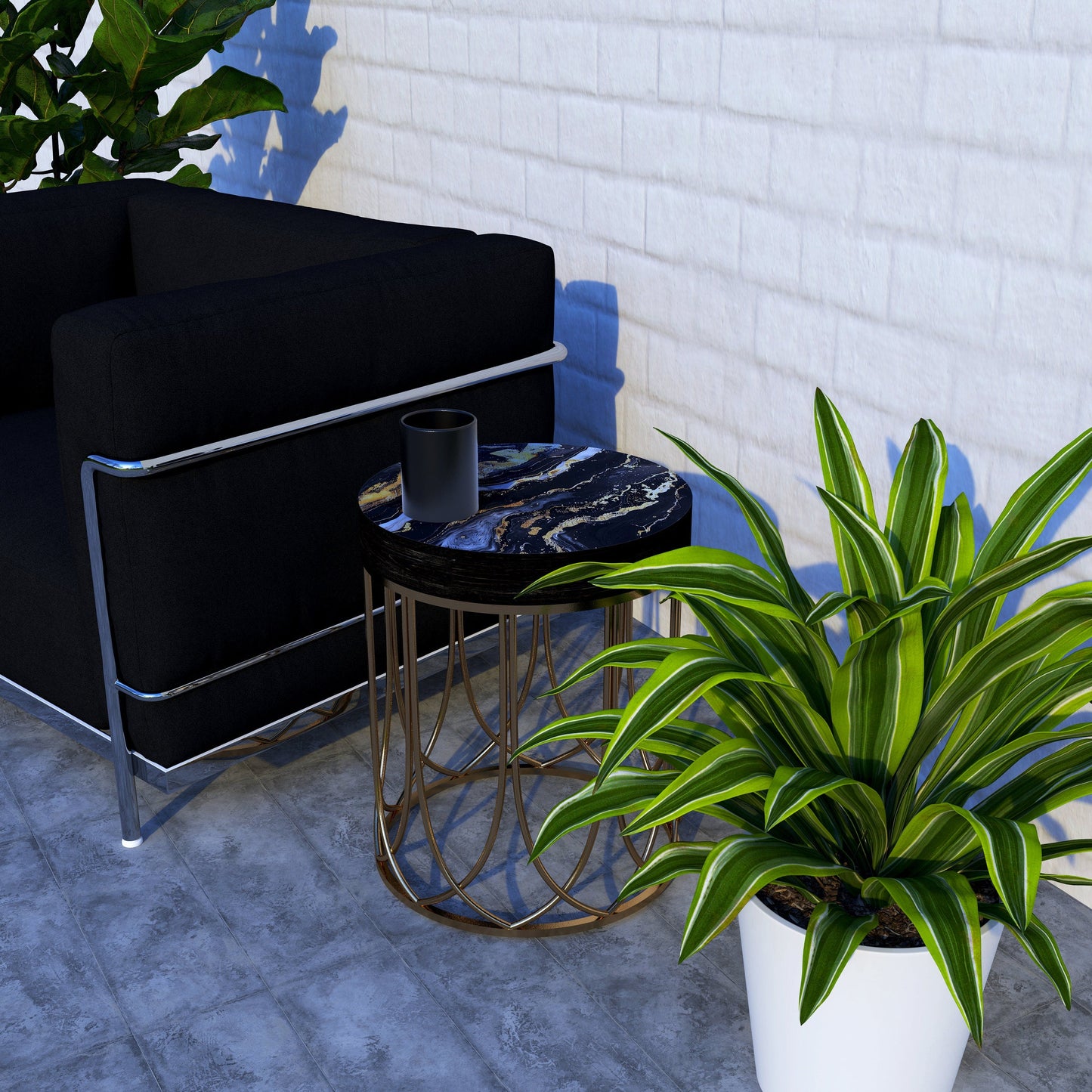 Black & Gold Marble Pattern Accent Table | 14_ Diameter| 17_ High| Round End Table, UV Print Side Table, Wood and Metal Construction