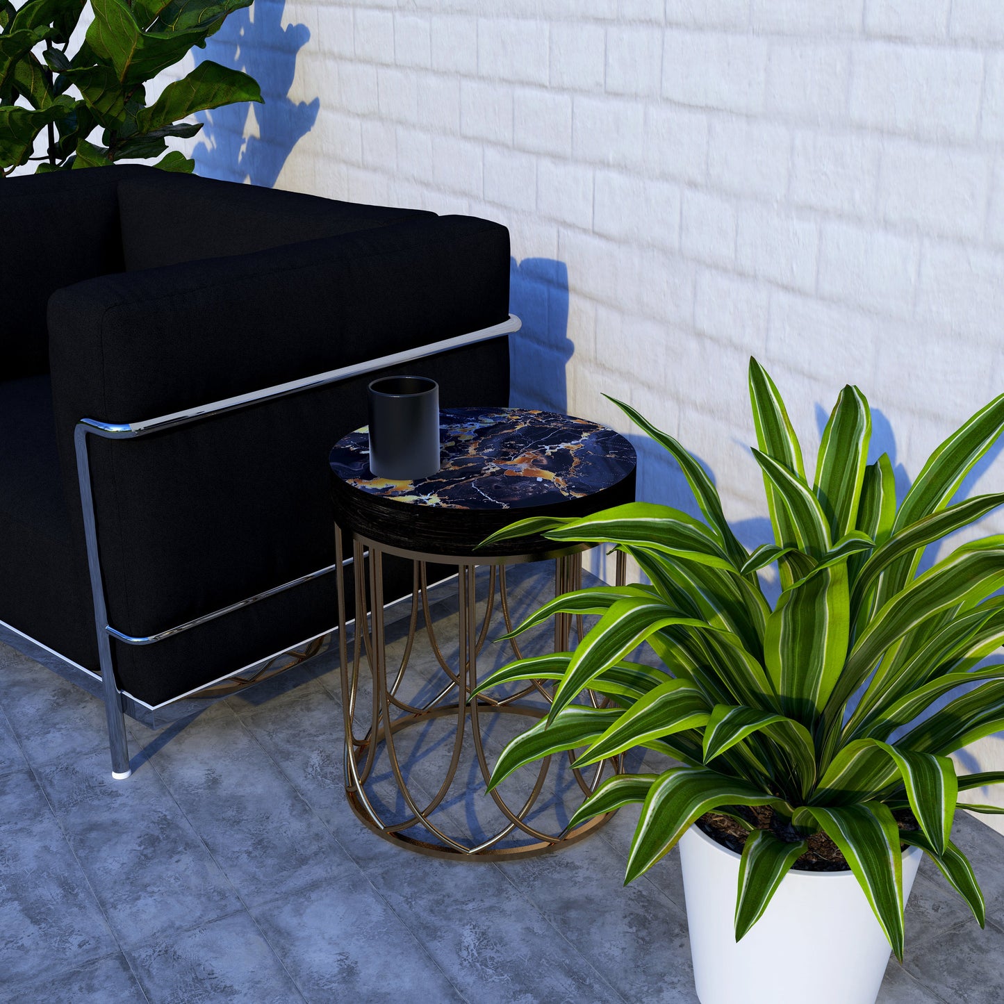 Black & Gold Marble Pattern Accent Table | 14_ Diameter| 17_ High| Round End Table| UV Print Outdoor Side Table, Wood and Metal Construction
