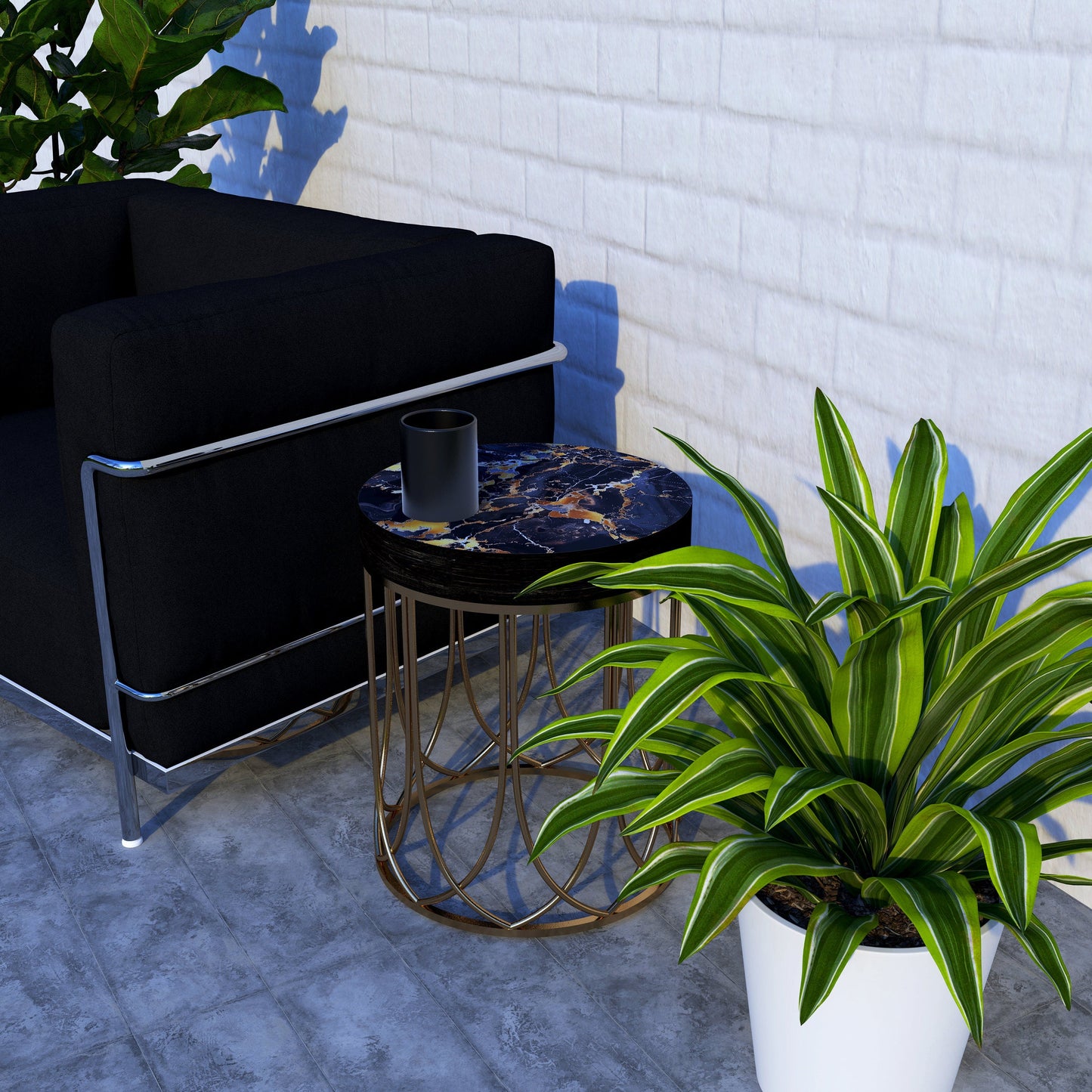 Black & Gold Marble Pattern Accent Table | 14_ Diameter| 17_ High| Round End Table| UV Print Side Table, Wood and Metal Construction