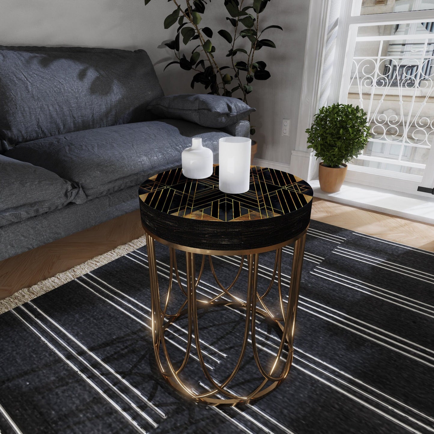 Black & Gold Geometric Accent Table - 14_ Round End Table for Indoor , UV Print Side Table, Wood and Metal Construction