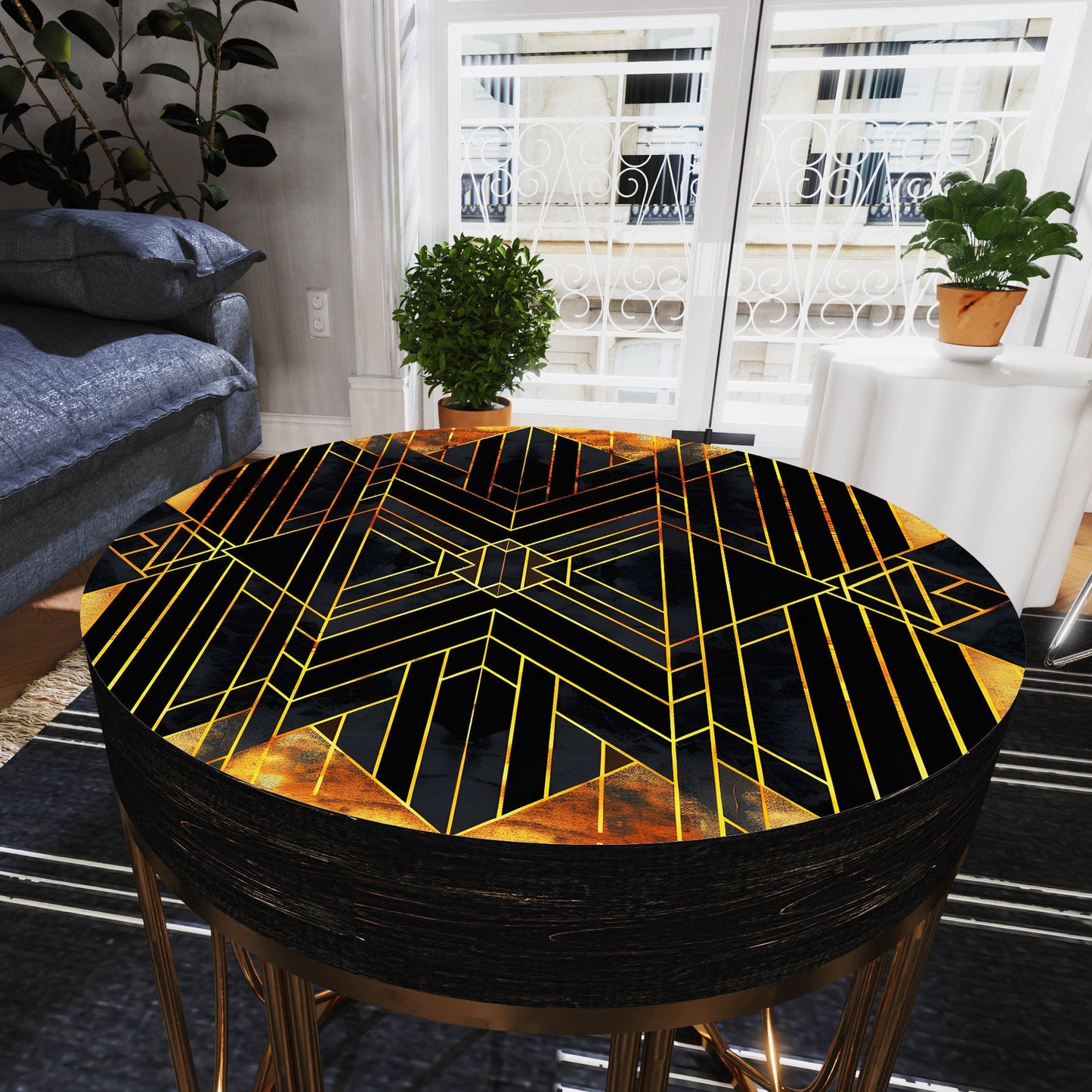 Black & Gold Geometric Accent Table - 14_ Round End Table for Indoor , UV Print Side Table, Wood and Metal Construction