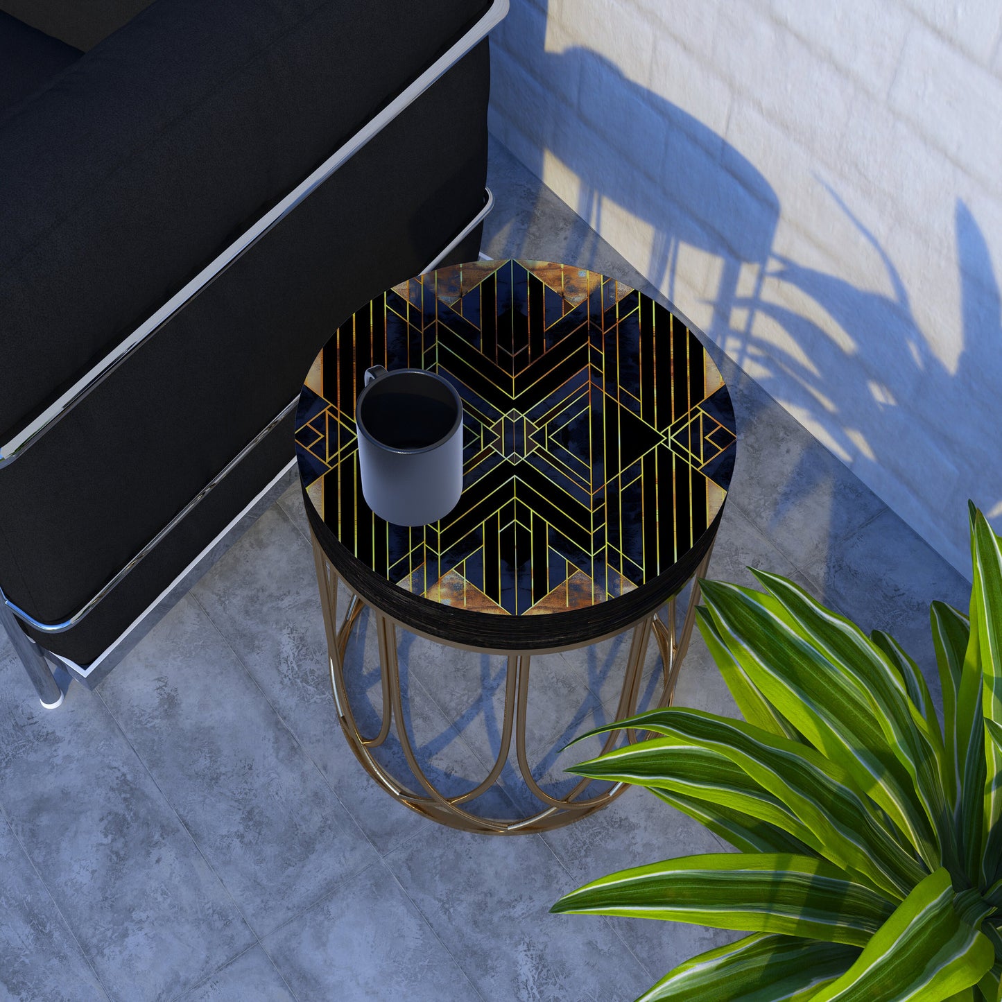Black & Gold Geometric Accent Table - 14_ Round End Table for Indoor Outdoor, UV Print Side Table, Wood and Metal Construction