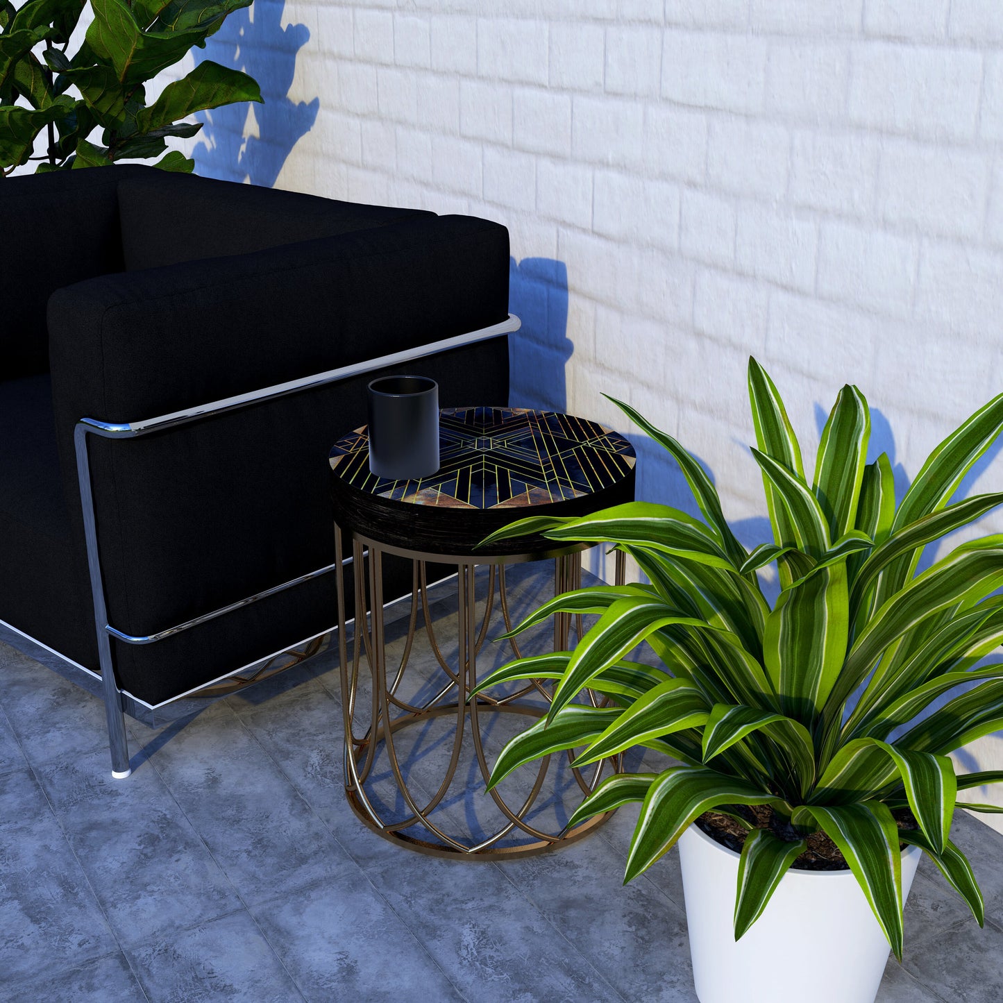 Black & Gold Geometric Accent Table - 14_ Round End Table for Indoor Outdoor, UV Print Side Table, Wood and Metal Construction