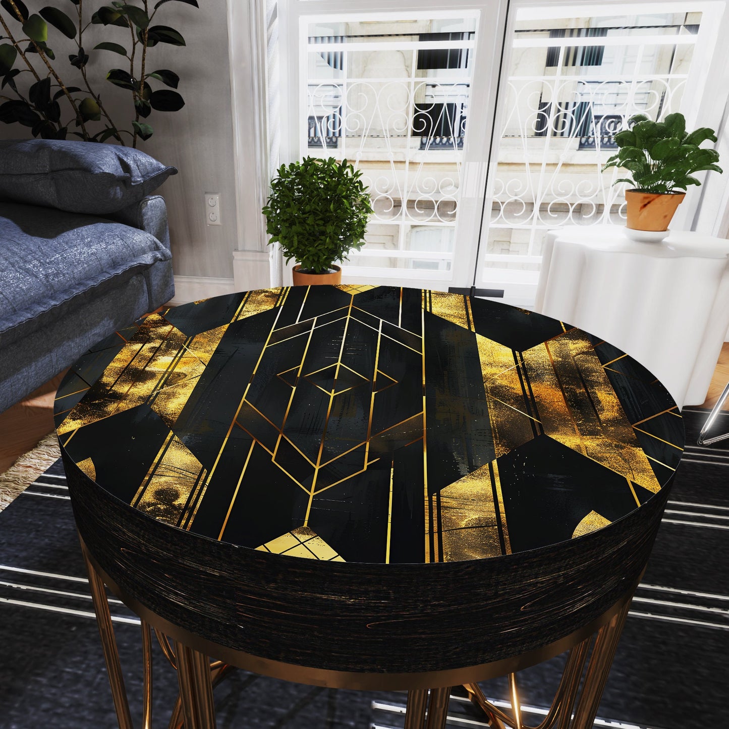 Black & Gold Geometric Accent Table | 14_ Round End Table for Indoor Outdoor, UV Print Side Table, Wood and Metal Construction