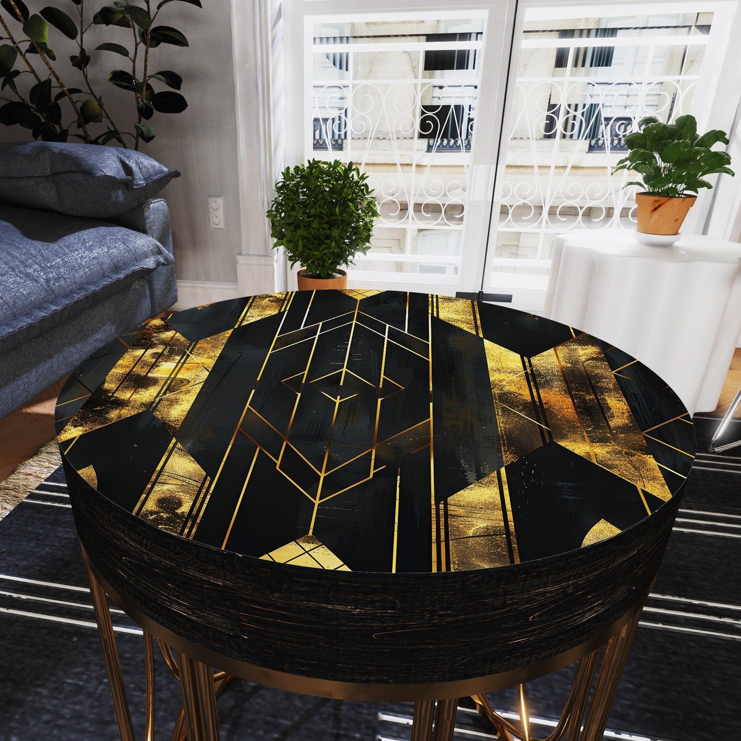 Black & Gold Geometric Accent Table | 14_ Round End Table for Indoor , UV Print Side Table, Wood and Metal Construction