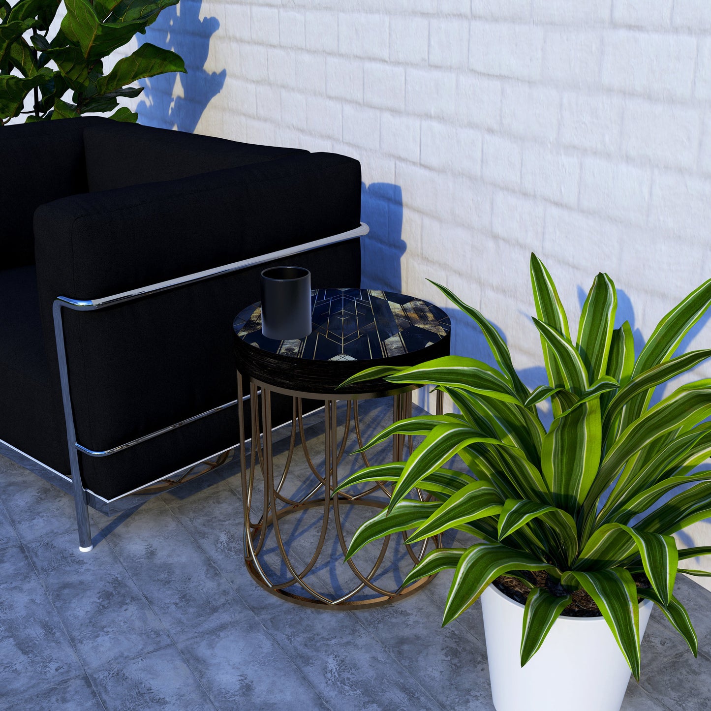 Black & Gold Geometric Accent Table | 14_ Round End Table for Indoor Outdoor, UV Print Side Table, Wood and Metal Construction