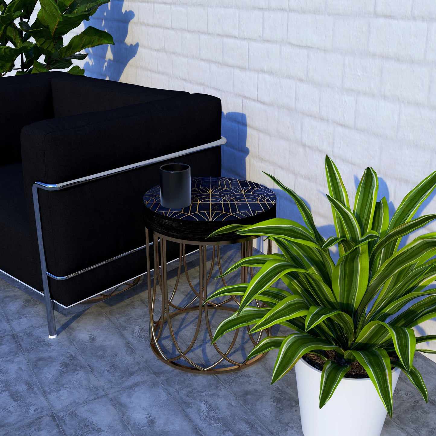 Black & Gold Geometric Accent Table | 14_ Round End Table for Indoor Outdoor | UV Print Side Table, Wood and Metal Construction
