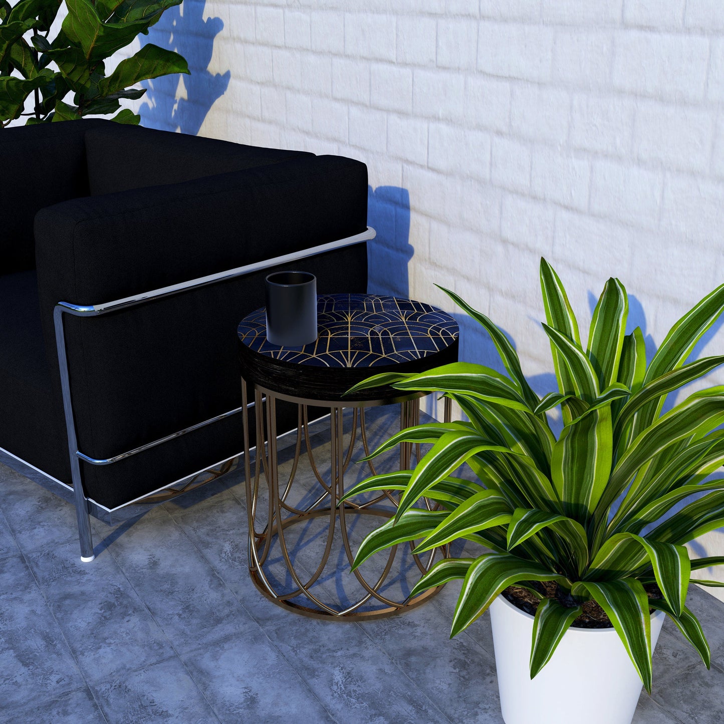 Black & Gold Geometric Accent Table | 14_ Round End Table for Indoor | UV Print Side Table, Wood and Metal Construction