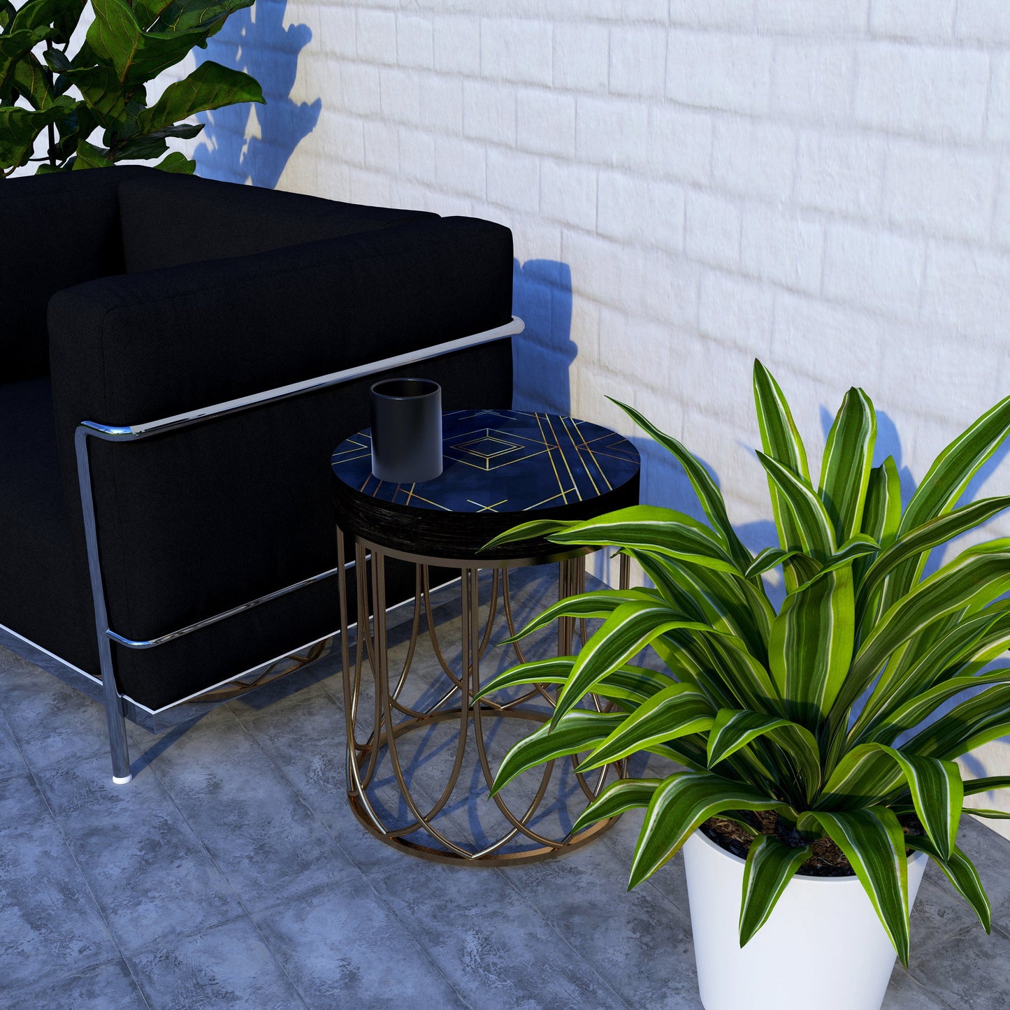 Black & Gold Geometric Accent Table | 14_ Round End Table for Indoor | UV Print Side Table| Wood and Metal Construction
