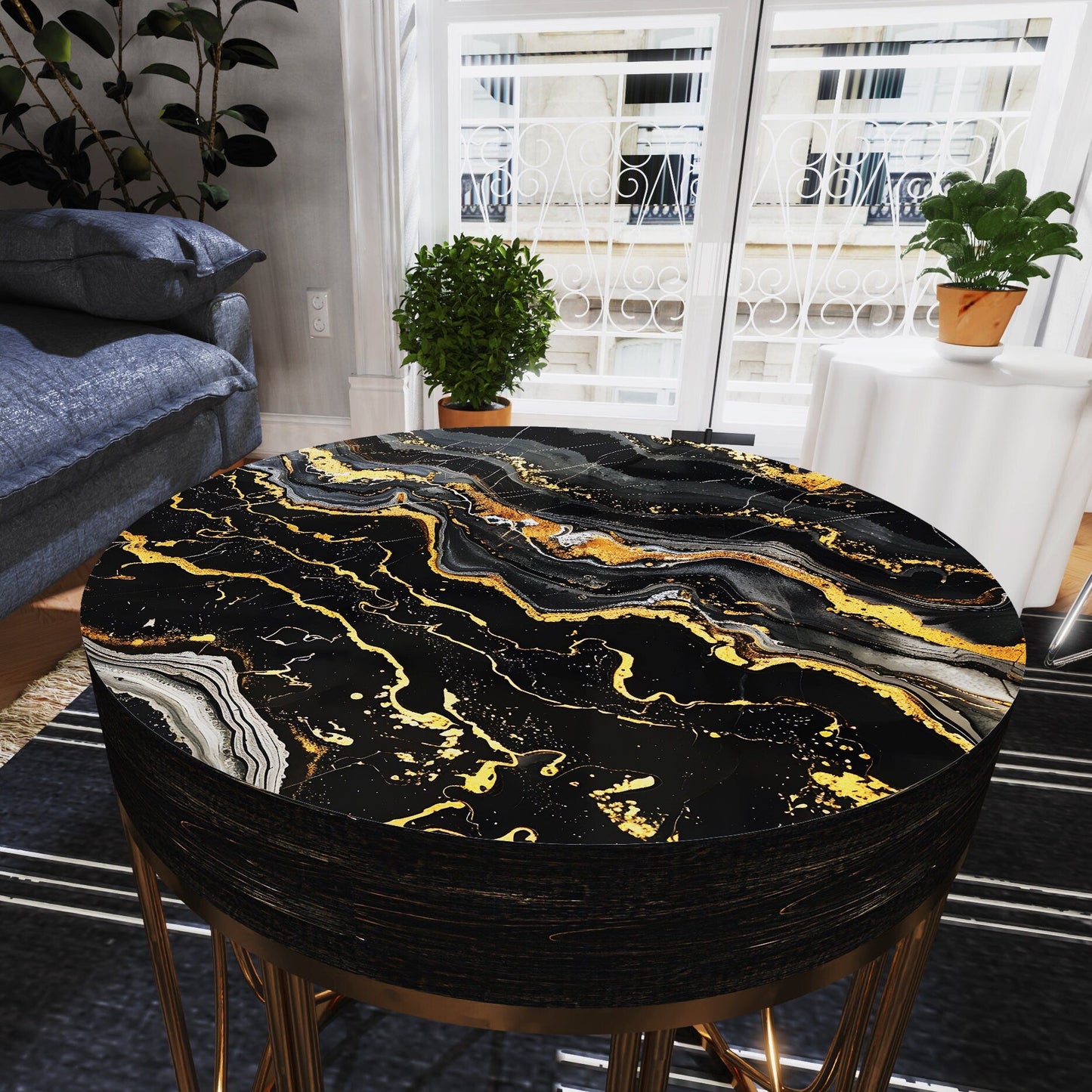 Black & Gold Marble Pattern Accent Table, 14_ Diameter, 17_ High, Round End Table, UV Print Side Table, Wood and Metal Construction