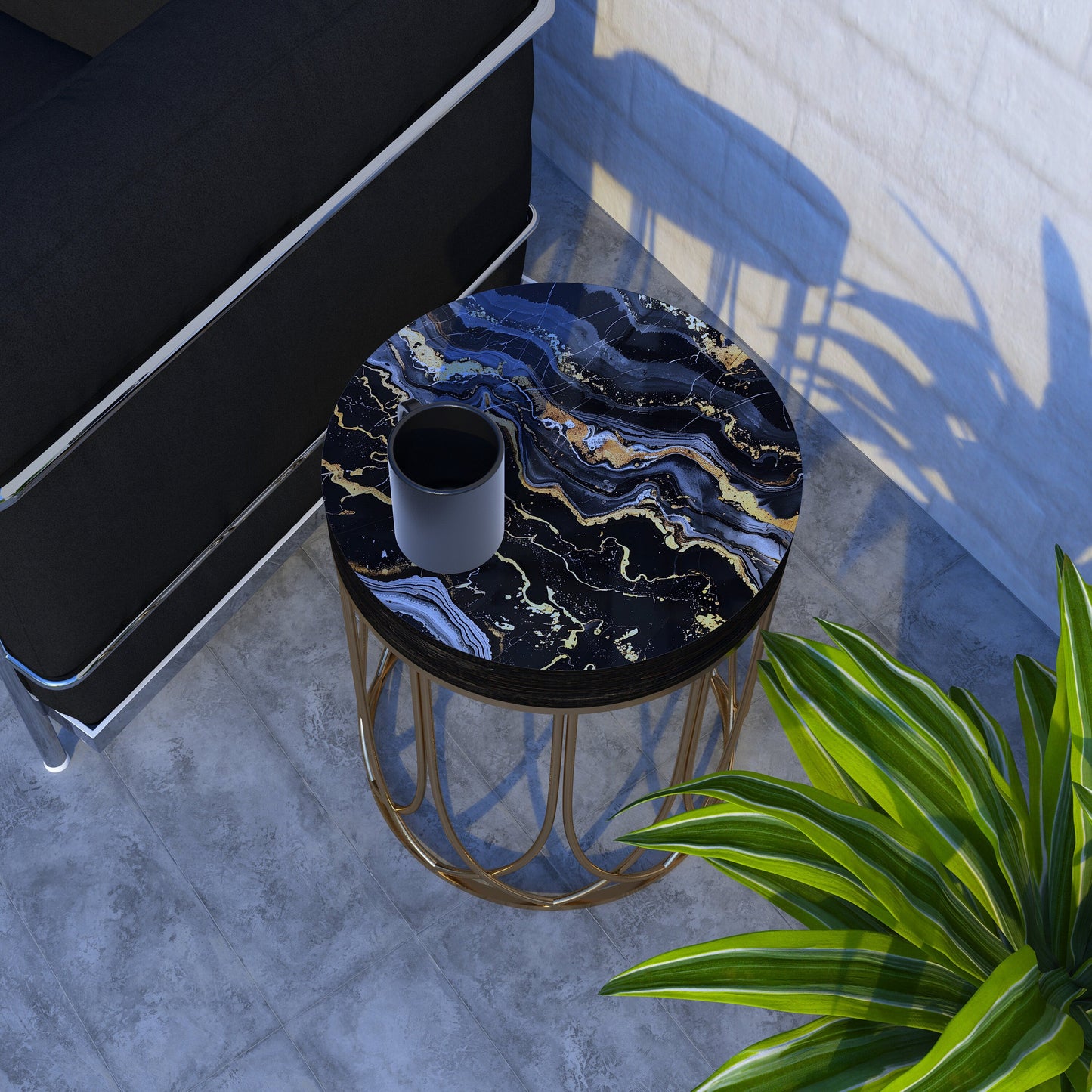 Black & Gold Marble Pattern Accent Table, 14_ Diameter, 17_ High, Round End Table, UV Print Side Table, Wood and Metal Construction