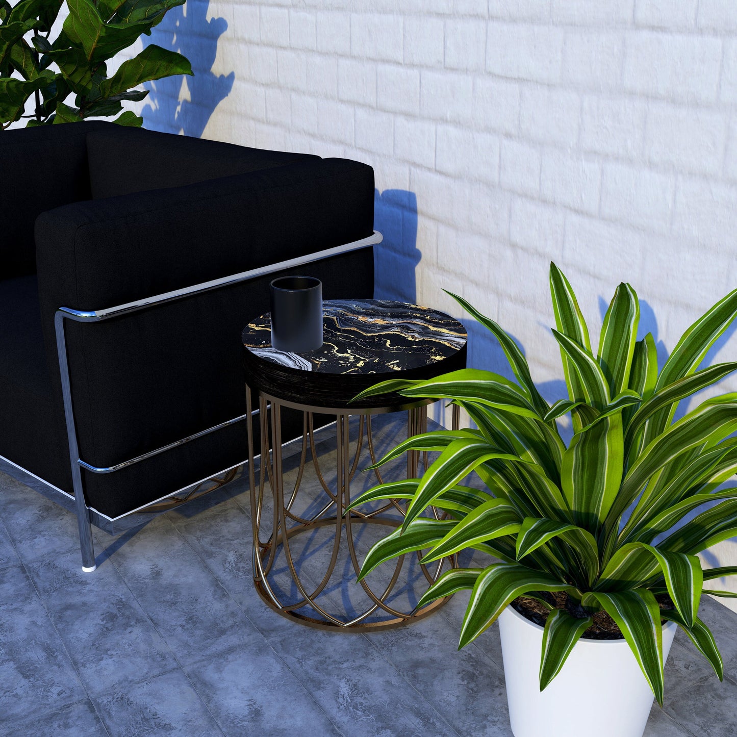 Black & Gold Marble Pattern Accent Table, 14_ Diameter, 17_ High, Round End Table, UV Print Side Table, Wood and Metal Construction
