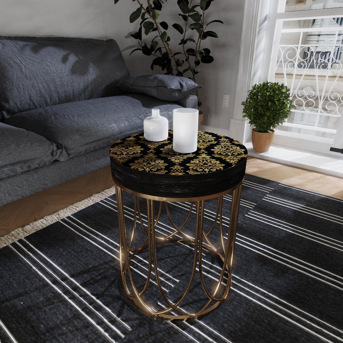 Black & Gold Victorian Pattern Accent Table, 14_ Diameter, 17_ High, Round End Table, UV Print Wood and Metal Construction